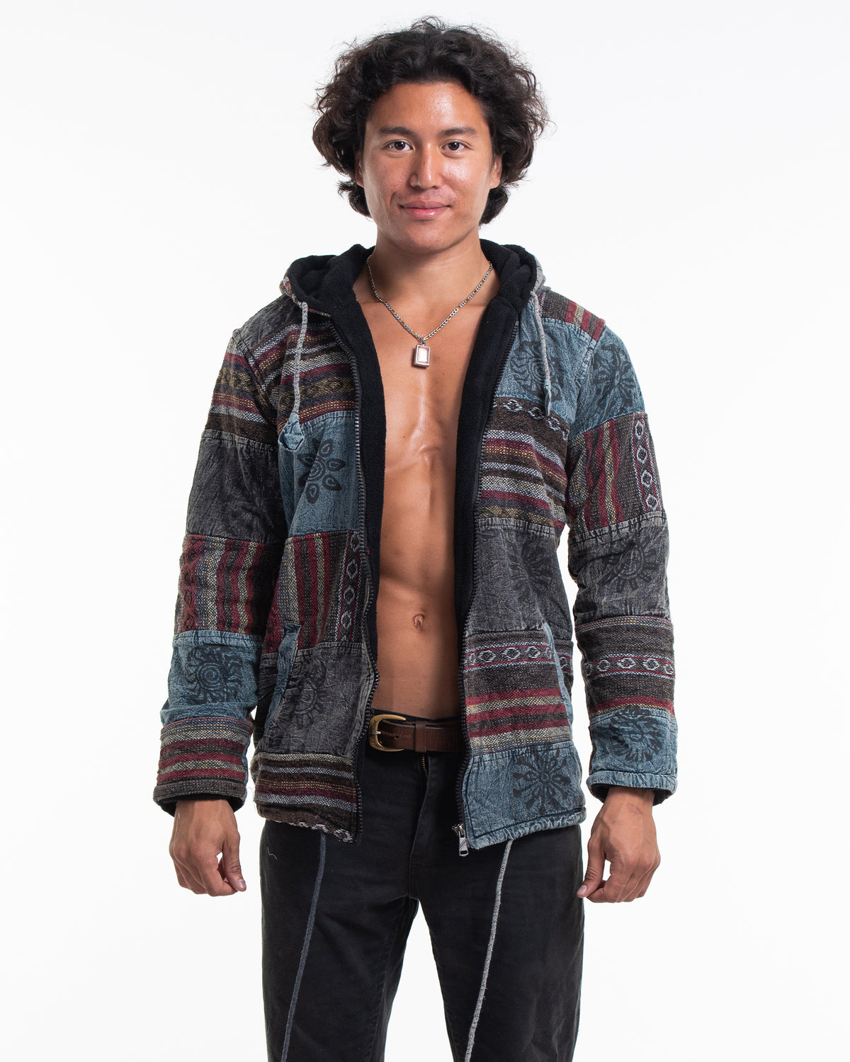 Patchwork Stone Washed Cotton Jacket in Black 01