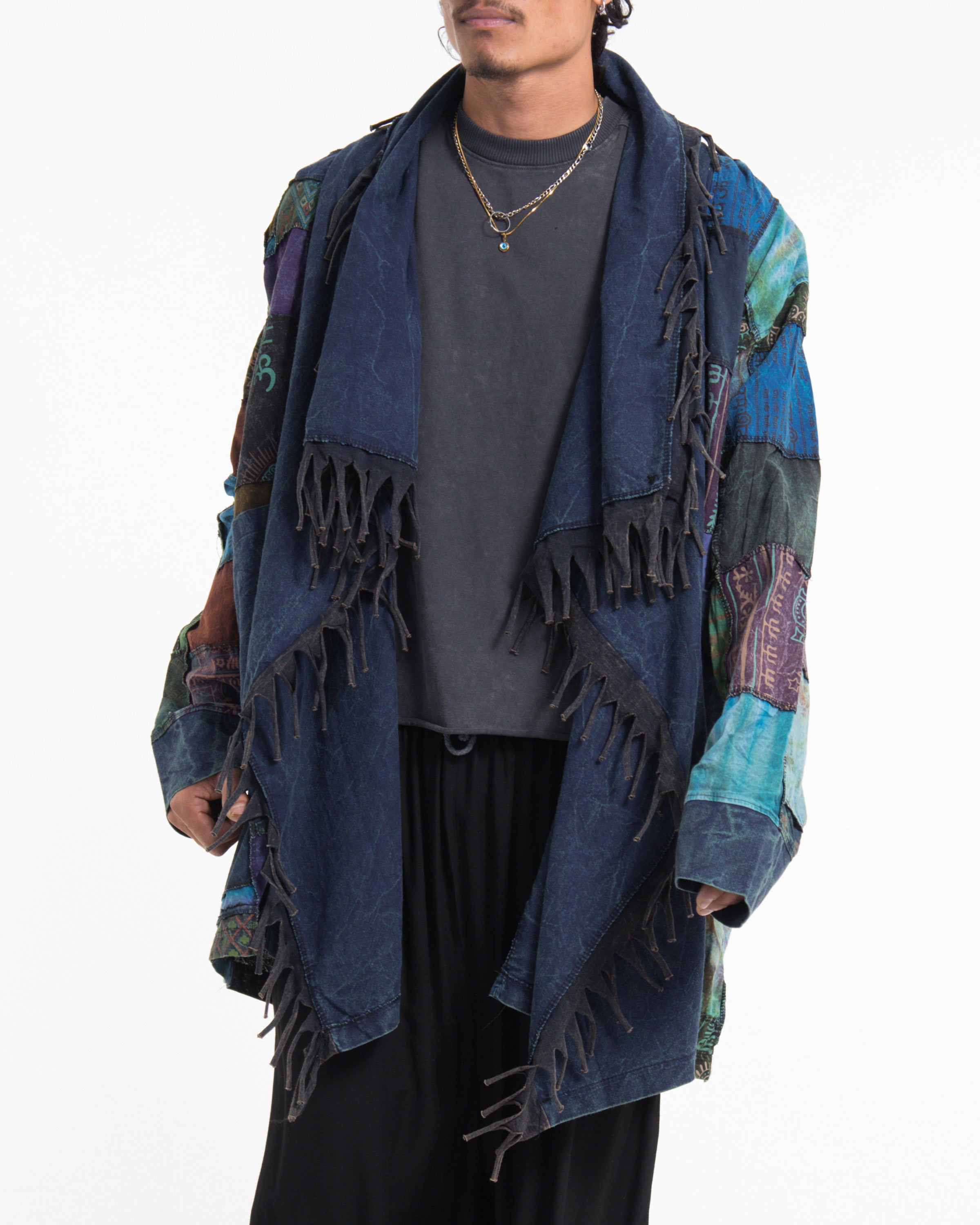 Patchwork Cloak Jacket | Stonewash Drape in Blue