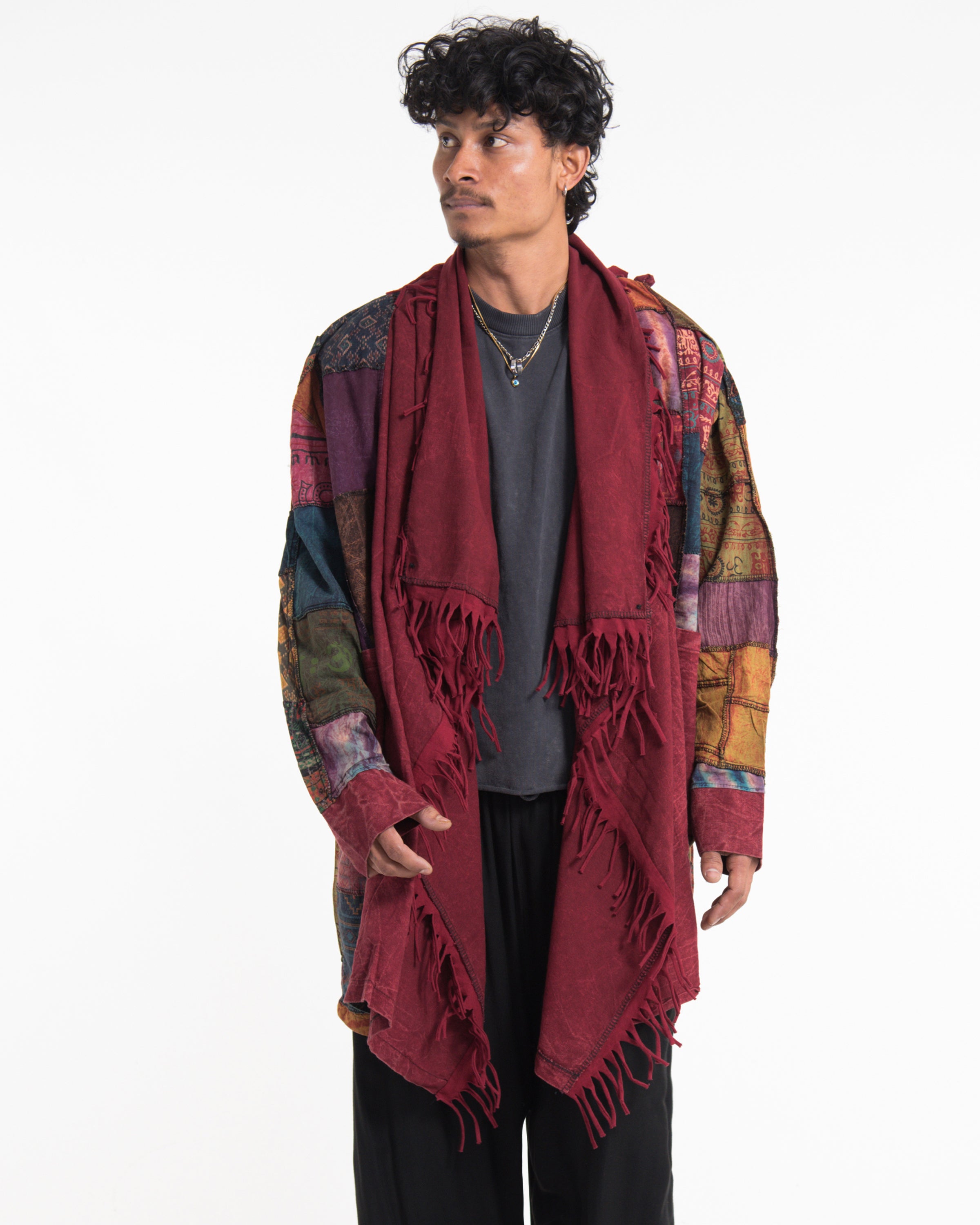 Patchwork Cloak Jacket | Stonewash Drape in Red