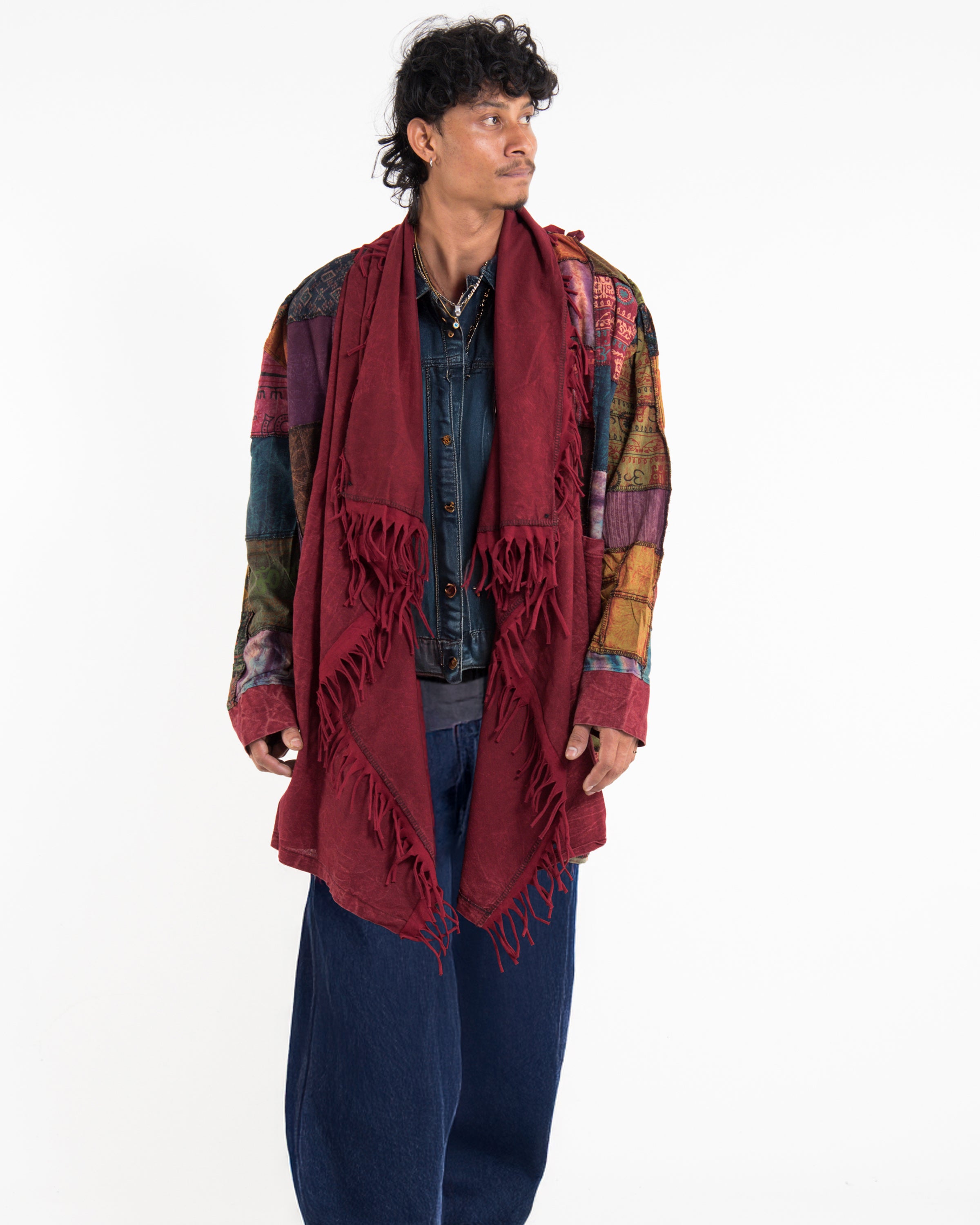 Patchwork Cloak Jacket | Stonewash Drape in Red