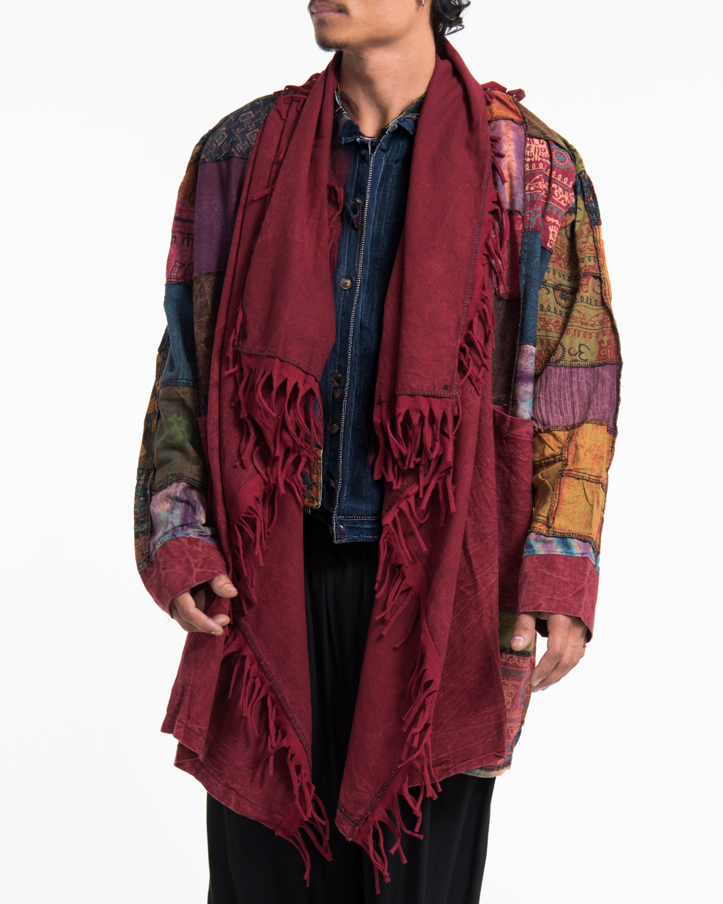 Patchwork Cloak Jacket | Stonewash Drape in Red