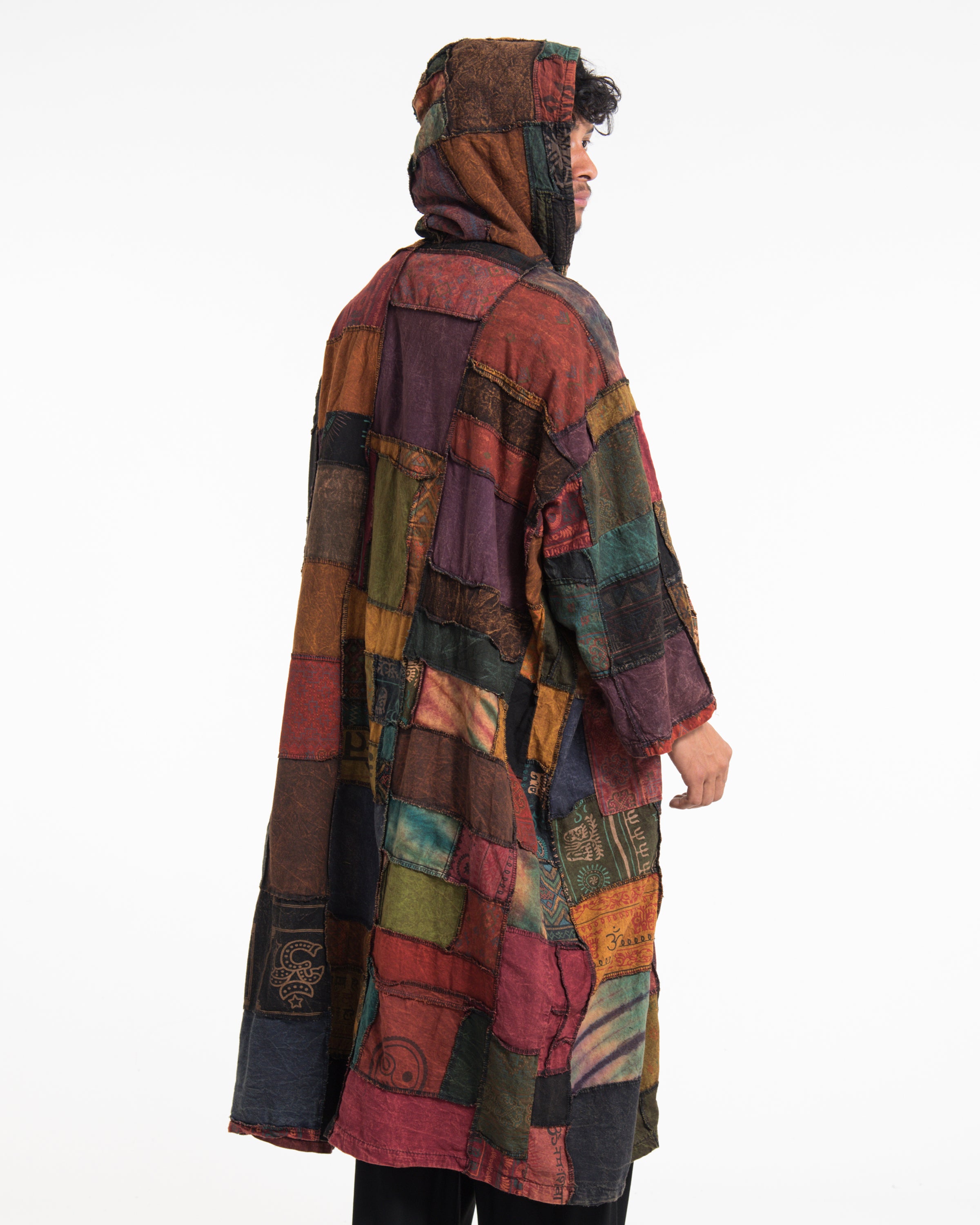 Patchwork Stonewash Hooded Long Kimono Robe in Multi Brown