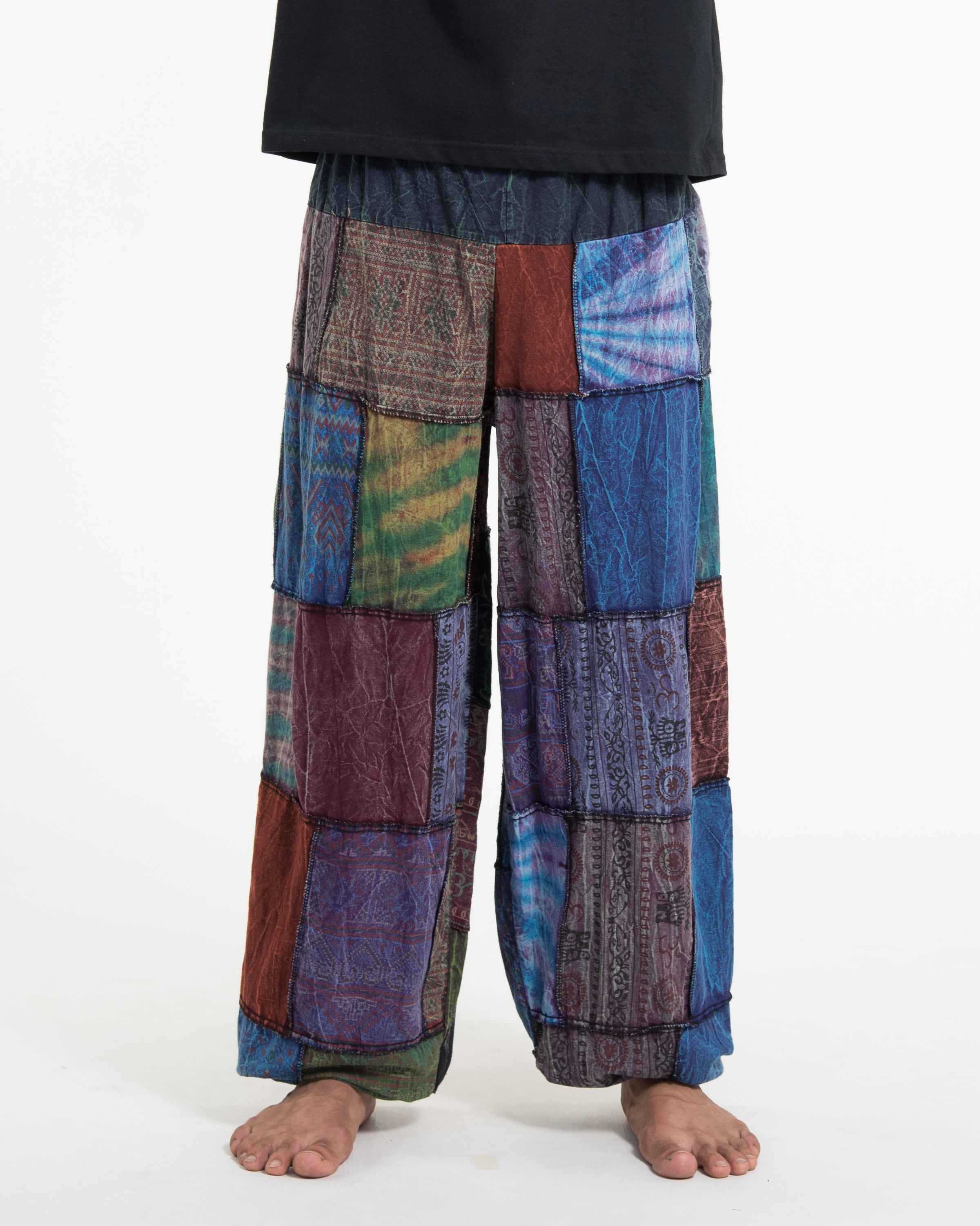 Men's Patchwork Stone Washed Balloon Cotton Pants in Blue