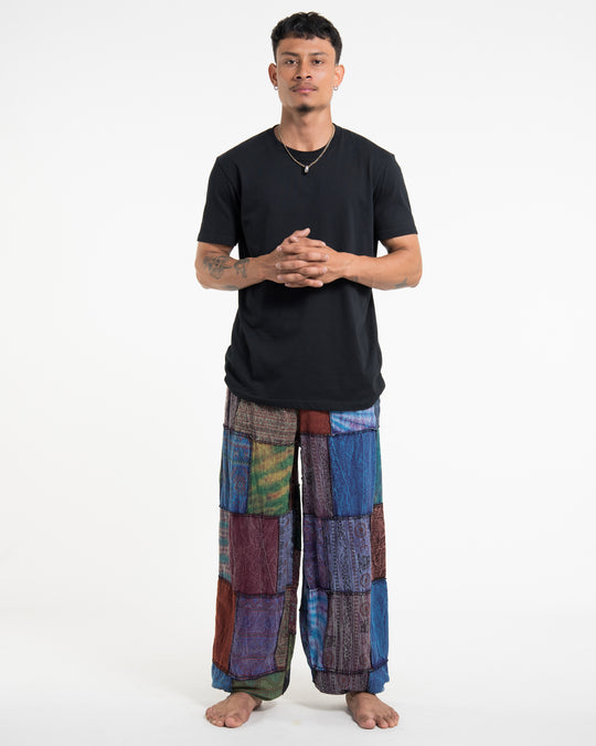 Men's Patchwork Stone Washed Balloon Cotton Pants in Blue