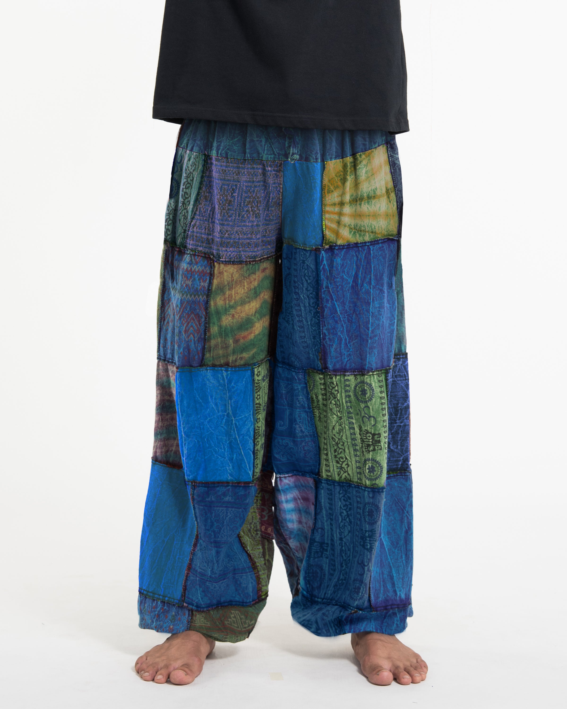 Men's Patchwork Stone Washed Balloon Cotton Pants in Blue
