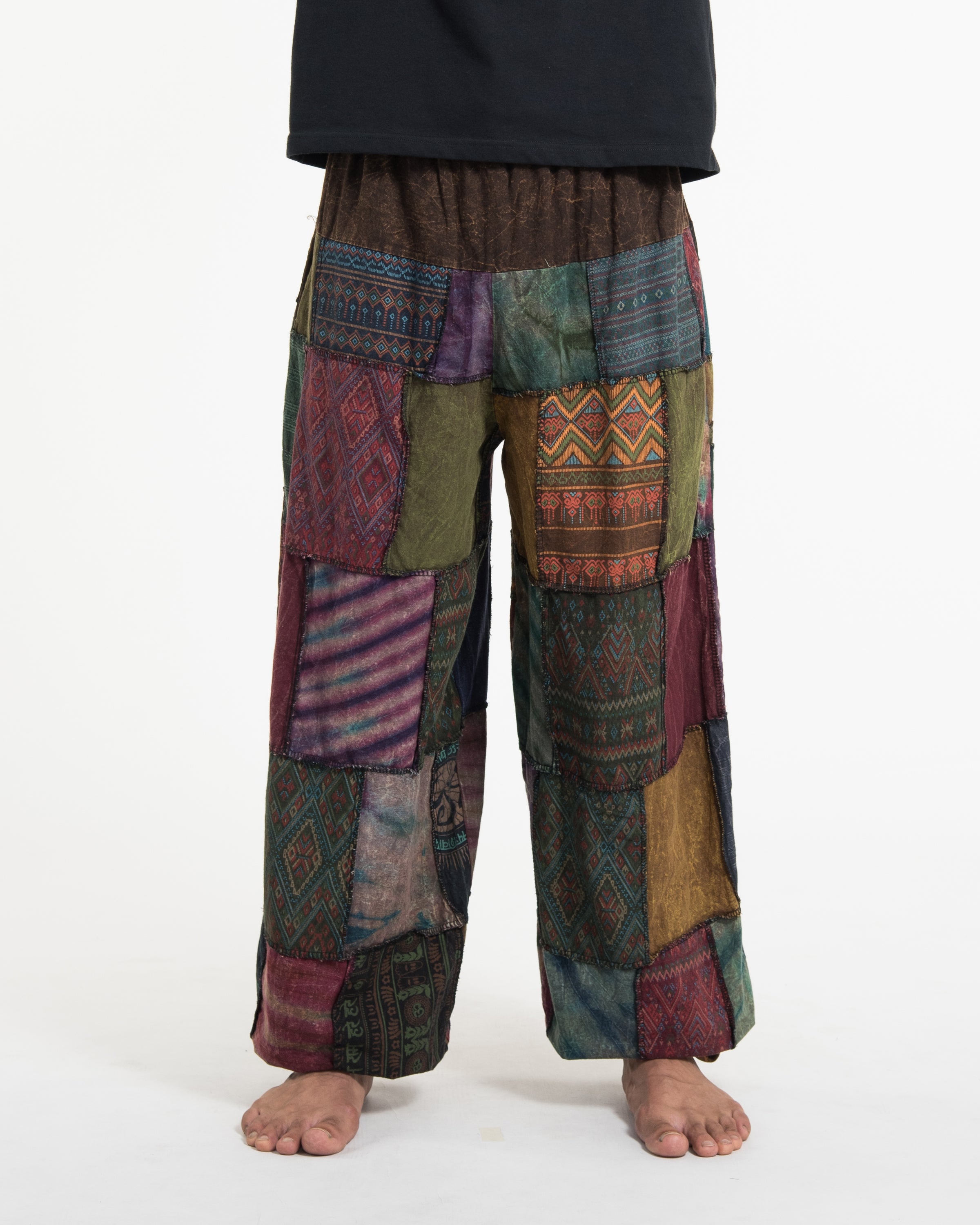 Men's Patchwork Stone Washed Balloon Cotton Pants in Brown