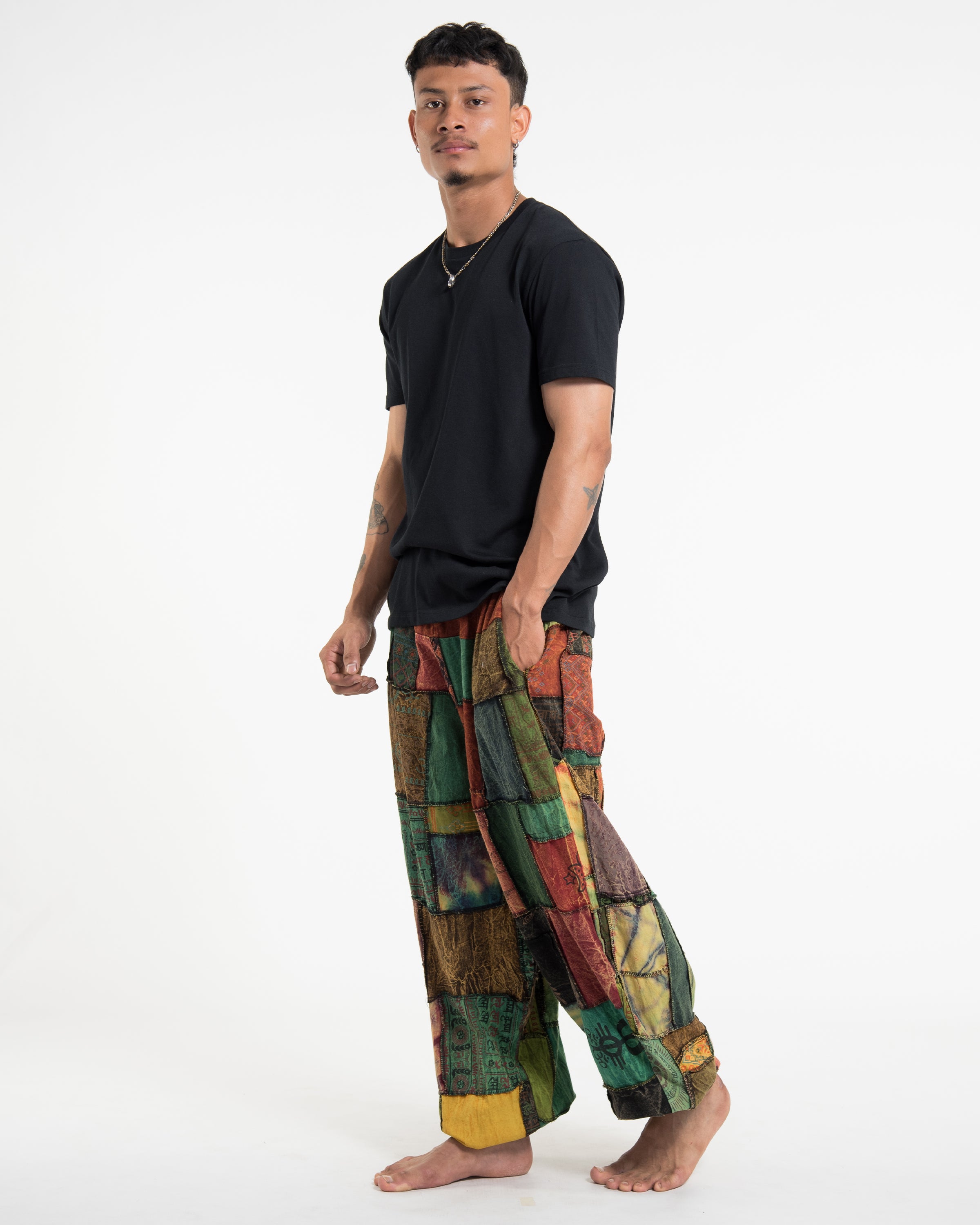 Men's Patchwork Stone Washed Balloon Cotton Pants in Orange