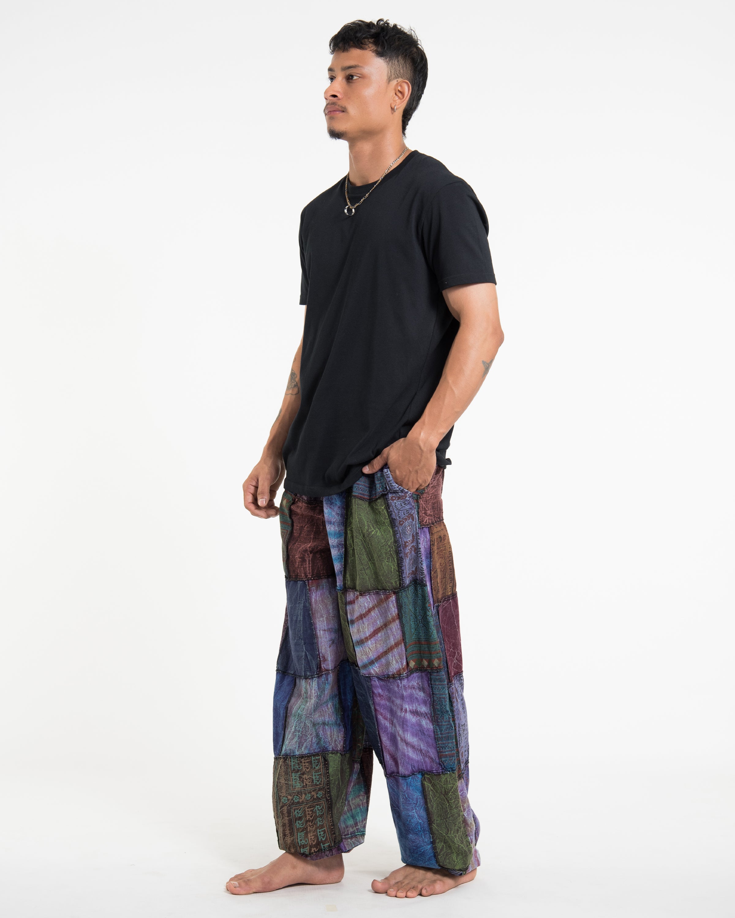 Men's Patchwork Stone Washed Balloon Cotton Pants in Purple