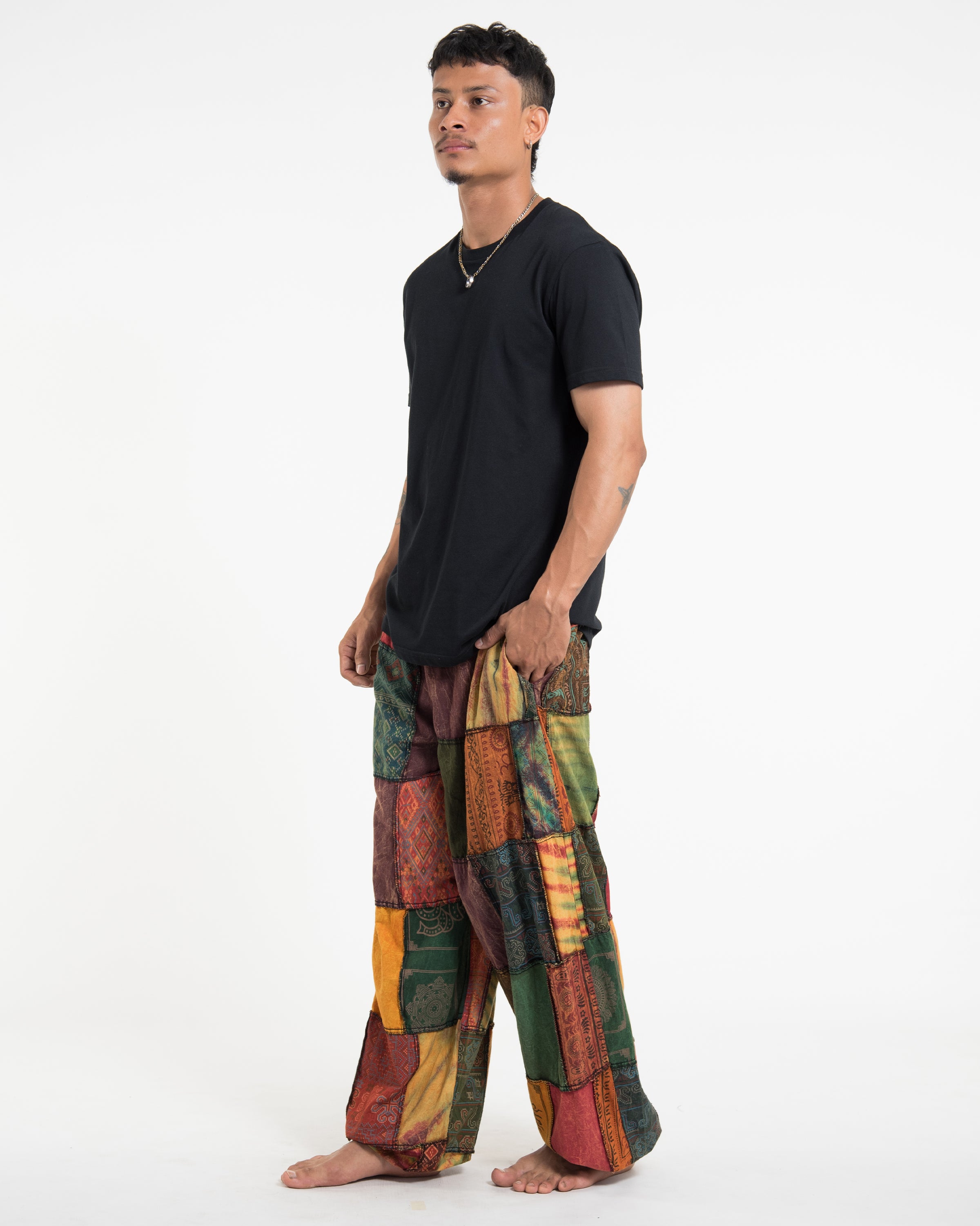 Men's Patchwork Stone Washed Balloon Cotton Pants in Red