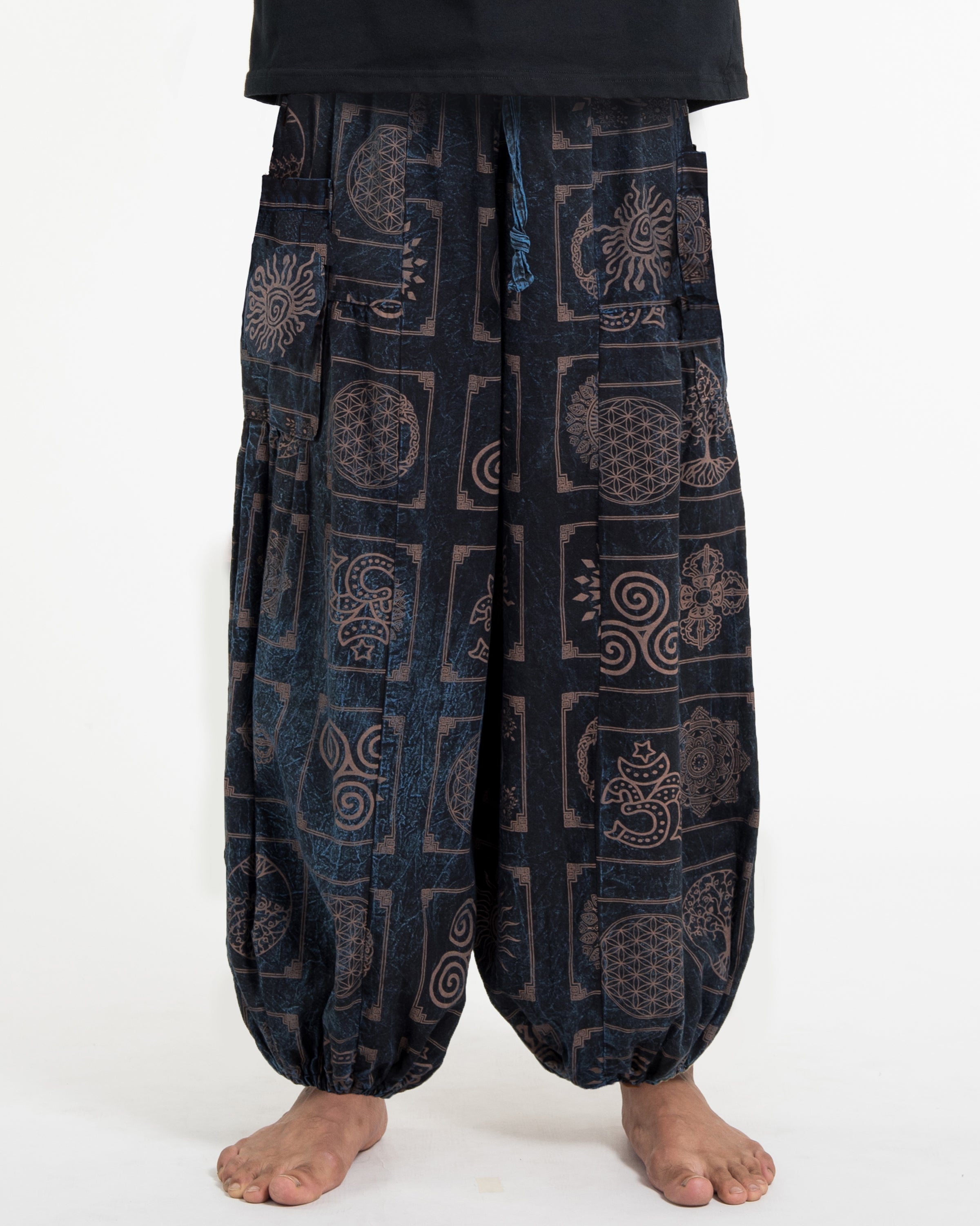 Men's Block Print Stone Washed Balloon Cotton Pants in Black Blue