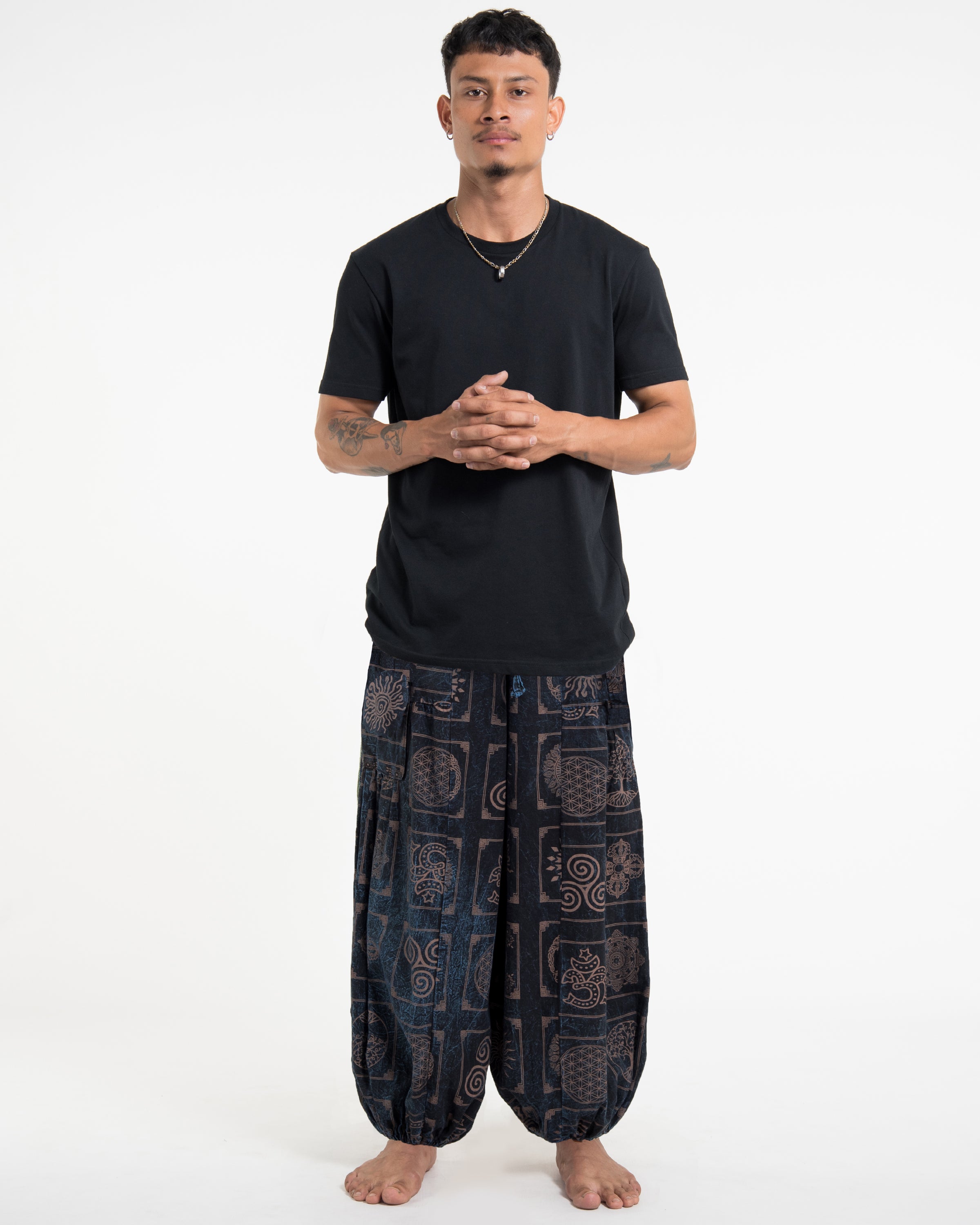 Men's Block Print Stone Washed Balloon Cotton Pants in Black Blue