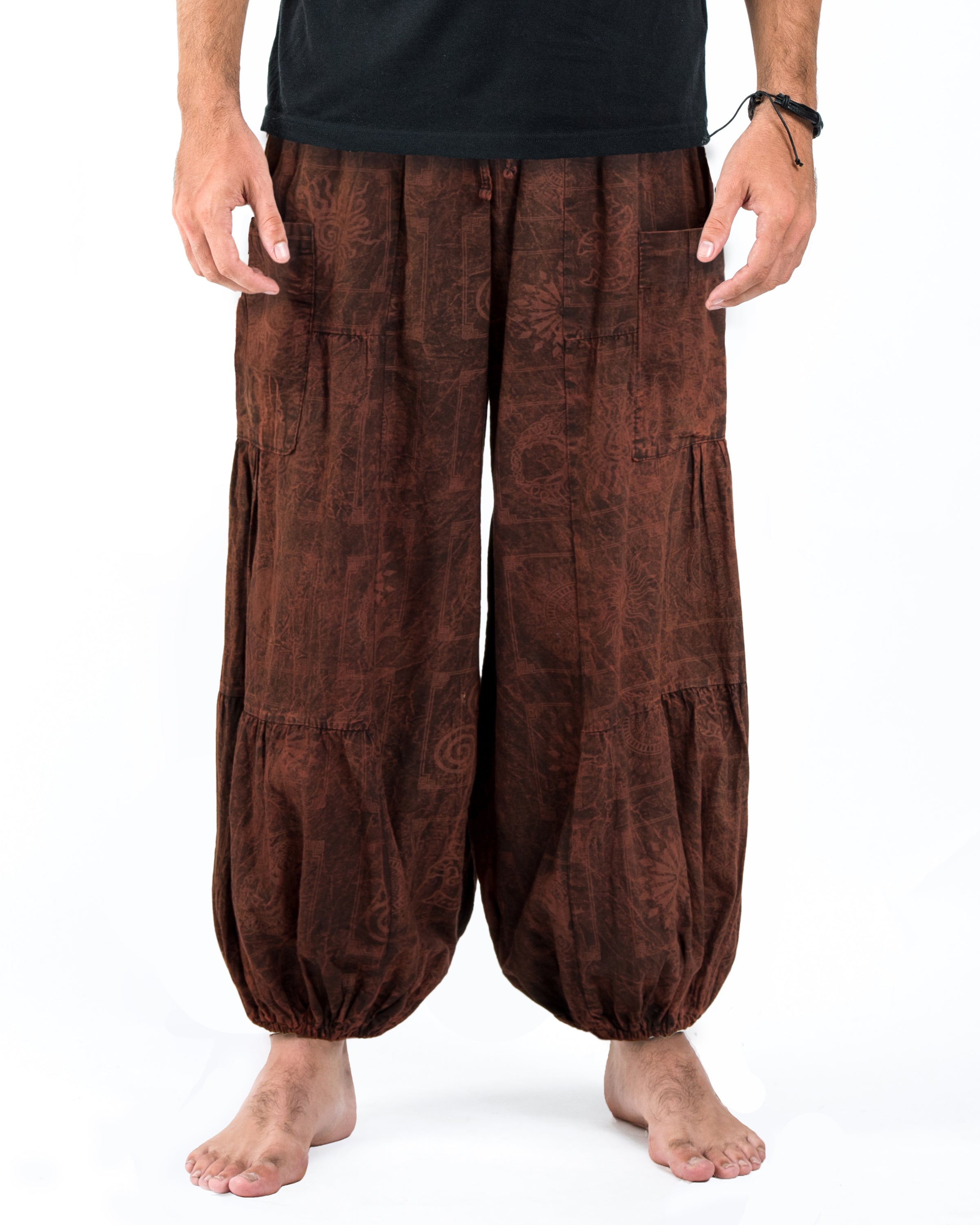 Men's Block Print Stone Washed Balloon Cotton Pants in Brown