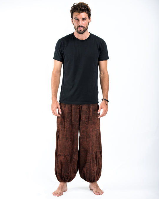 Men's Block Print Stone Washed Balloon Cotton Pants in Brown
