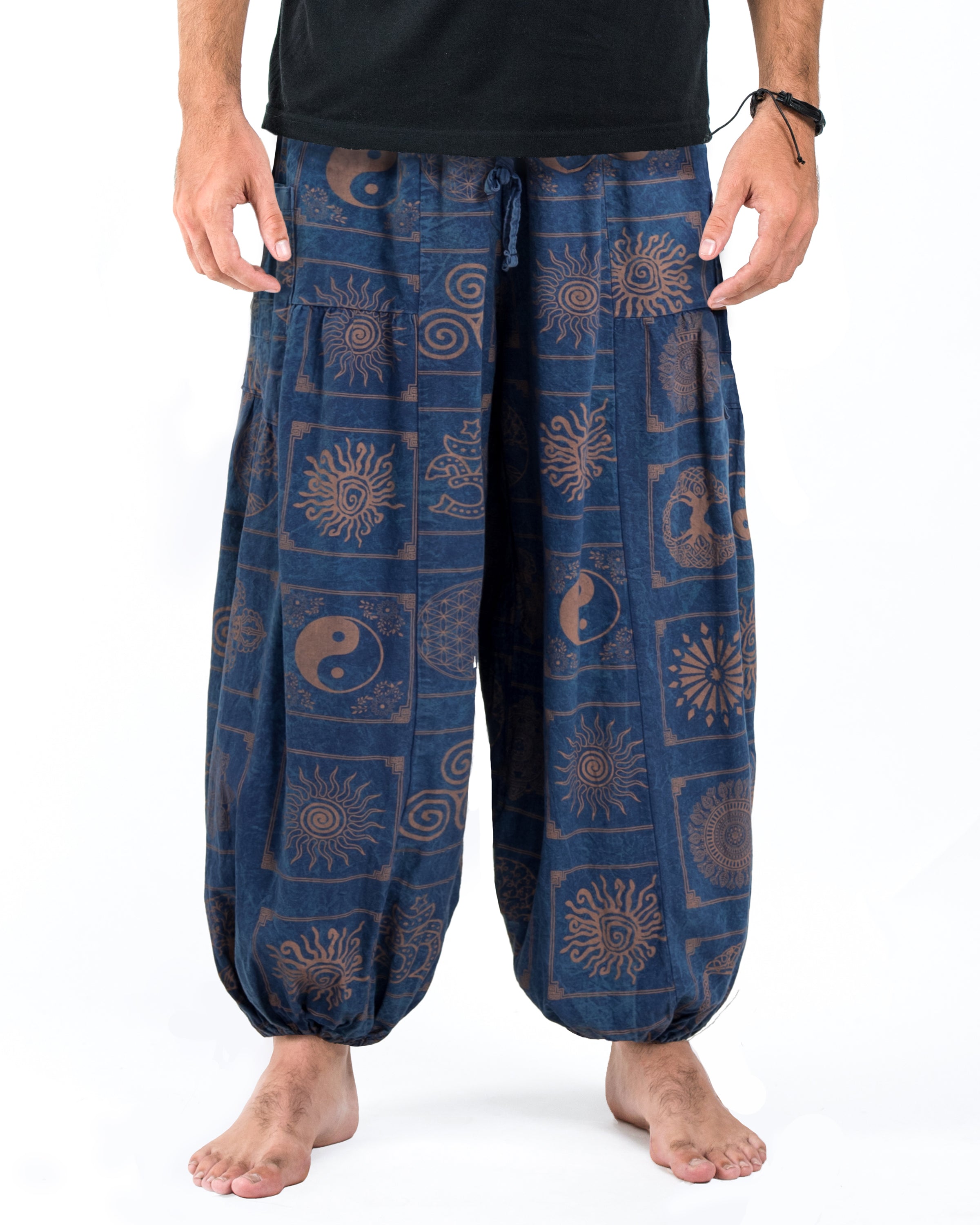 Men's Block Print Stone Washed Balloon Cotton Pants in Blue