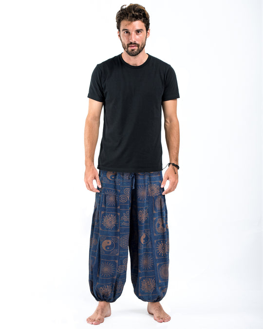Men's Block Print Stone Washed Balloon Cotton Pants in Blue