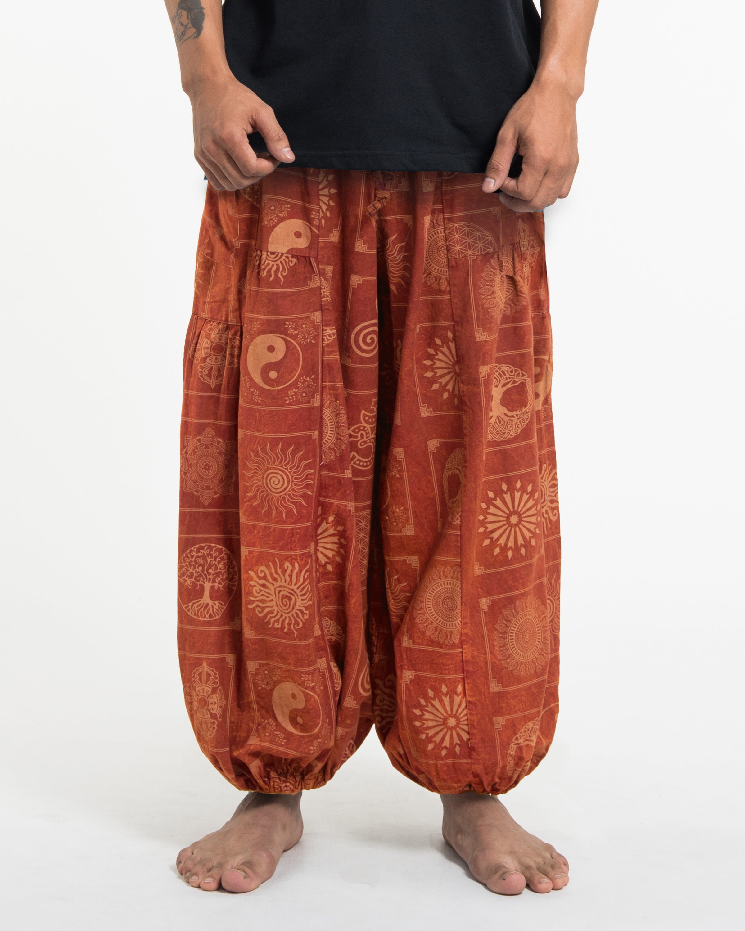 Men's Block Print Stone Washed Balloon Cotton Pants in Orange