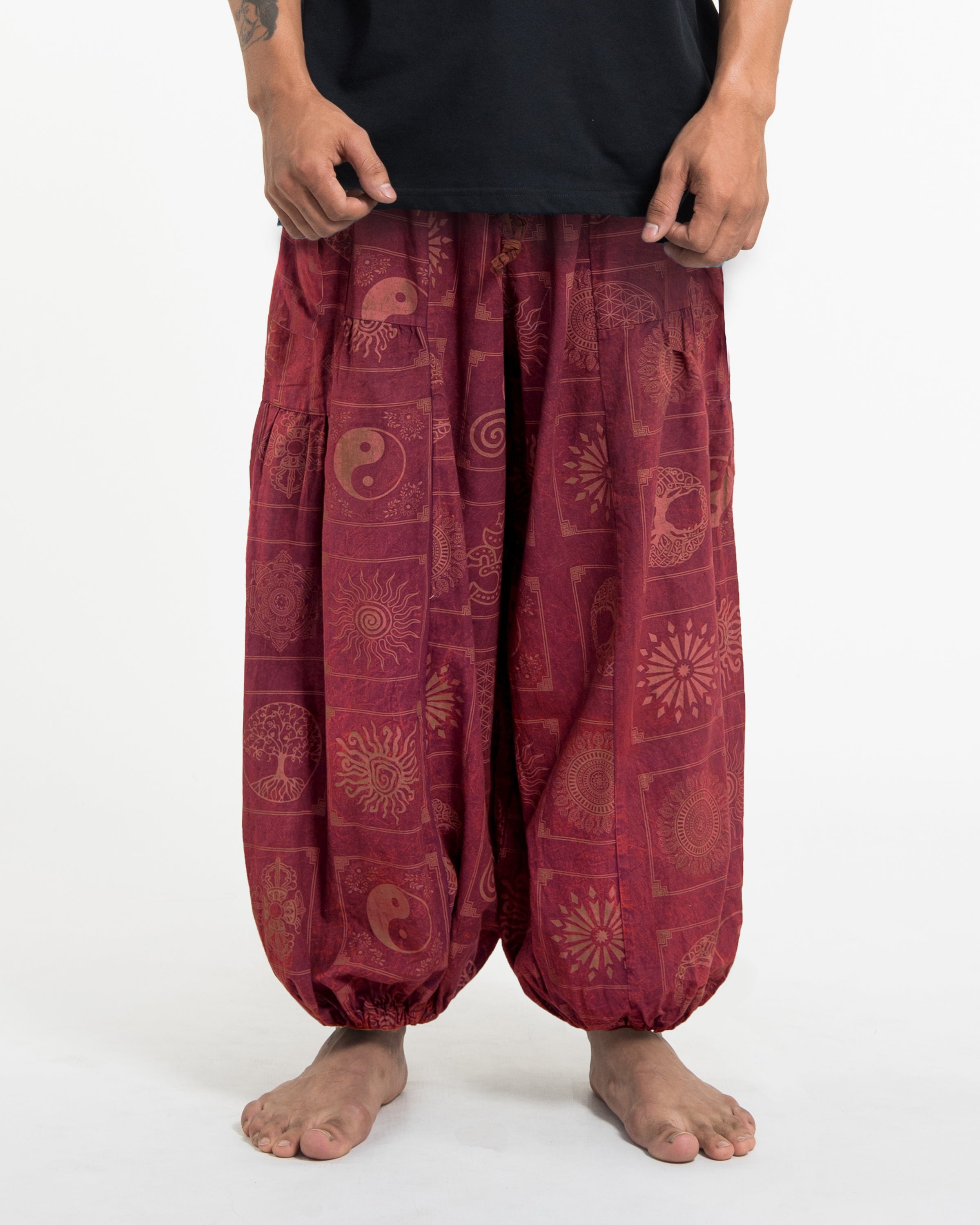 Men's Block Print Stone Washed Balloon Cotton Pants in Red