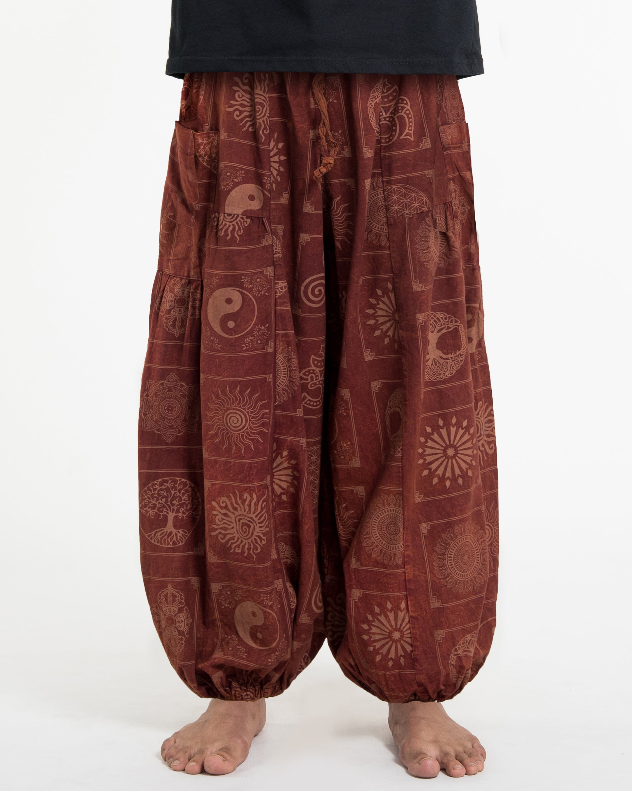 Men's Block Print Stone Washed Balloon Cotton Pants in Rust