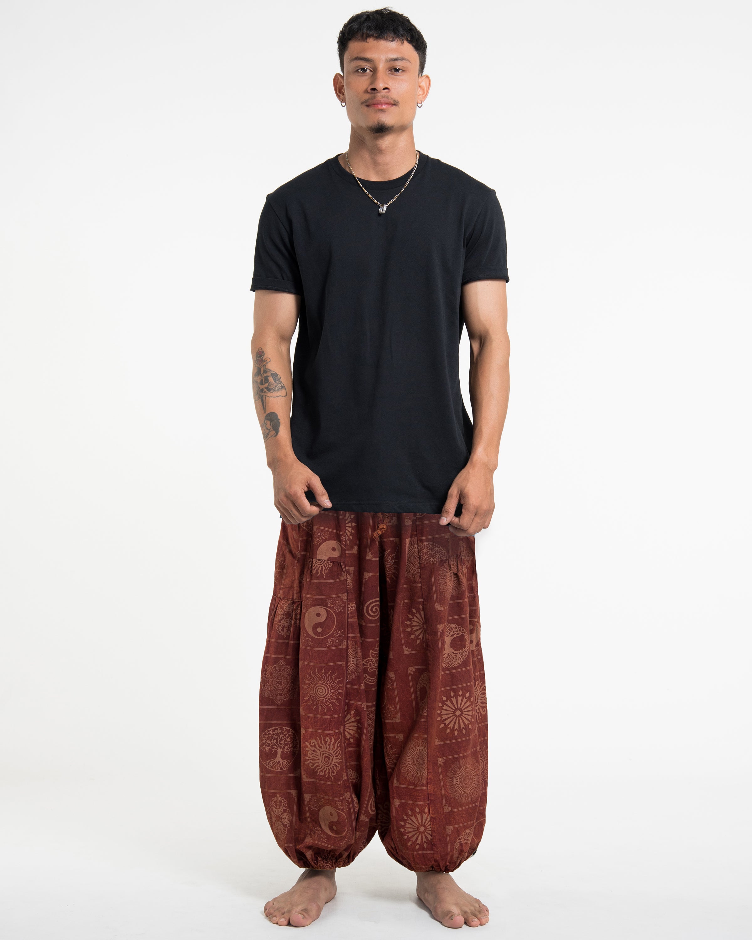 Men's Block Print Stone Washed Balloon Cotton Pants in Rust
