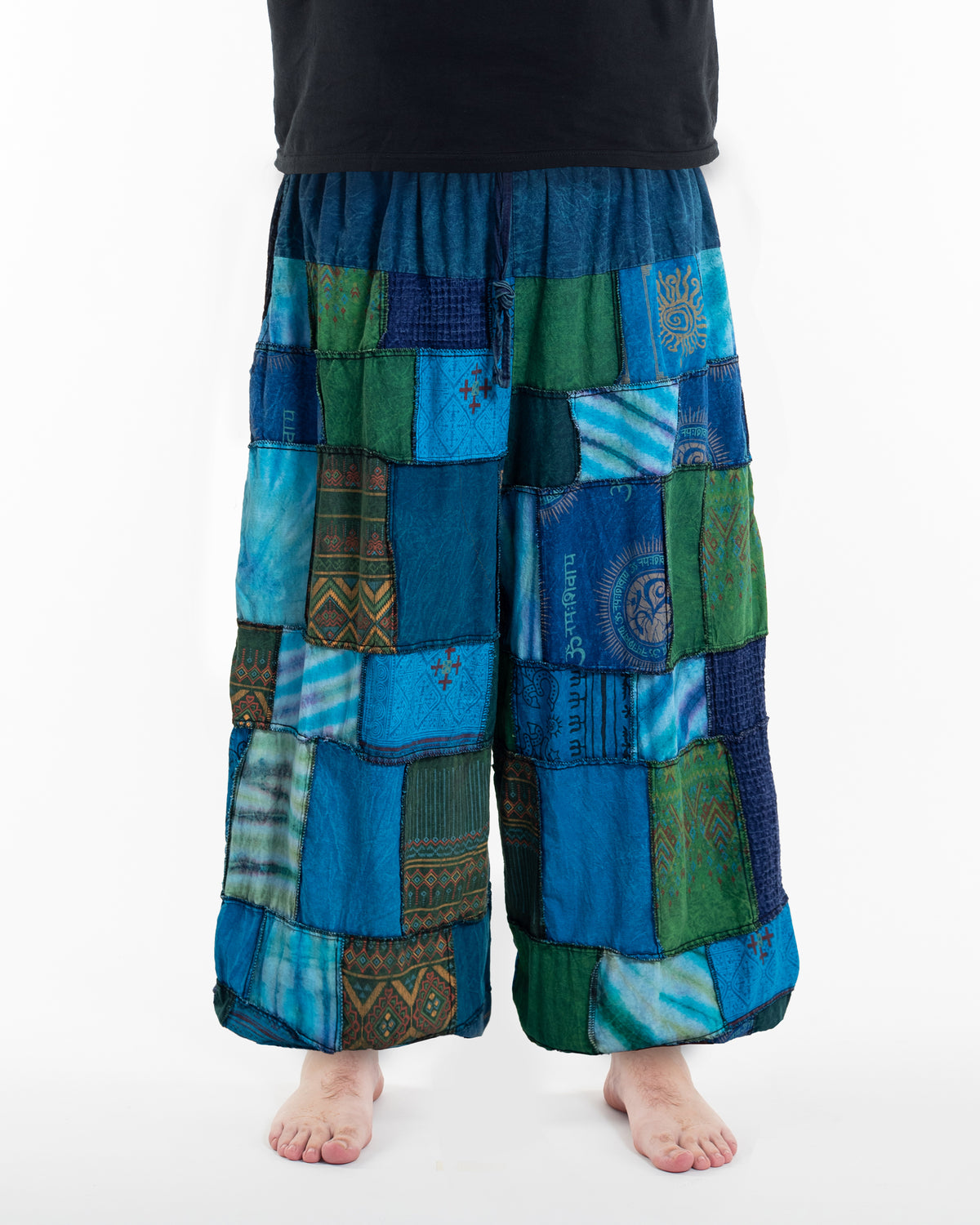 Plus Size Men's Patchwork Stone Washed Balloon Cotton Pants in Blue