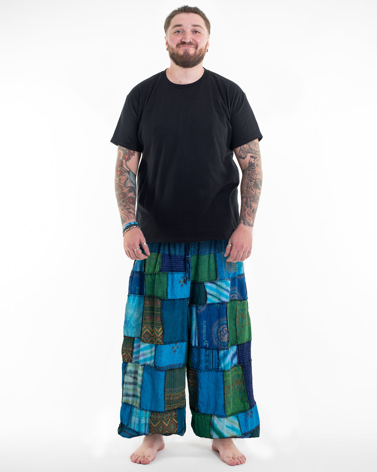 Plus Size Men's Patchwork Stone Washed Balloon Cotton Pants in Blue
