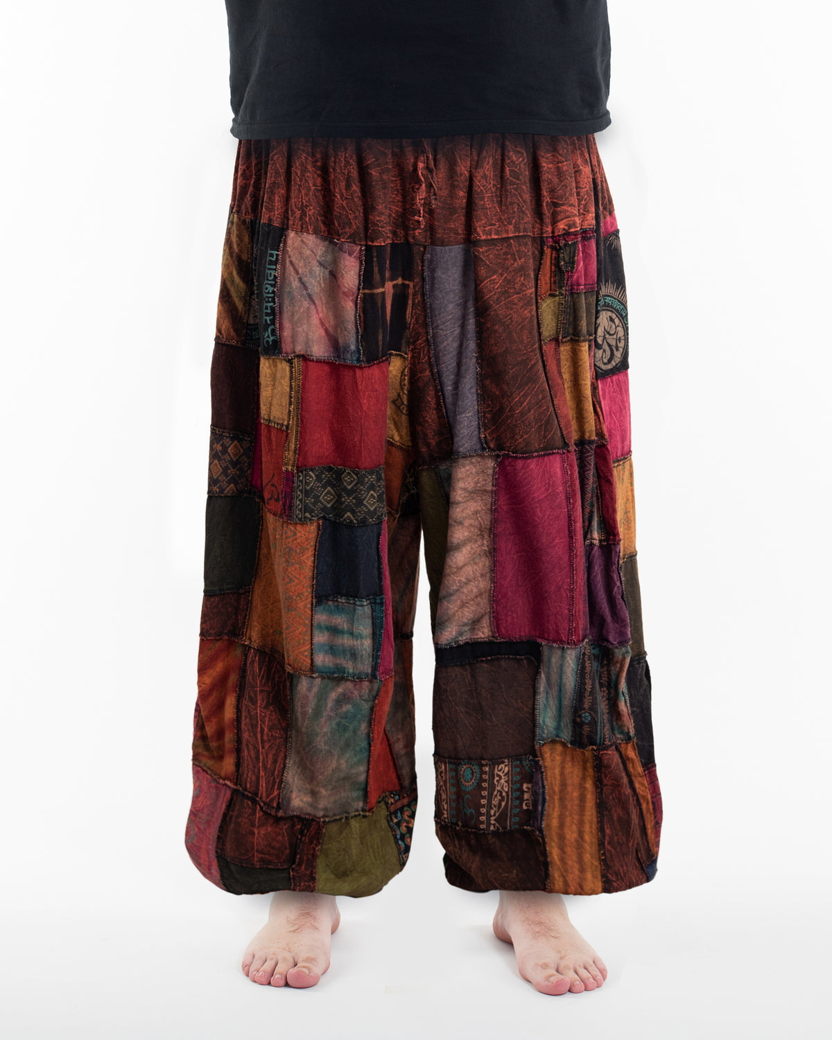 Plus Size Men's Patchwork Stone Washed Balloon Cotton Pants in Brown