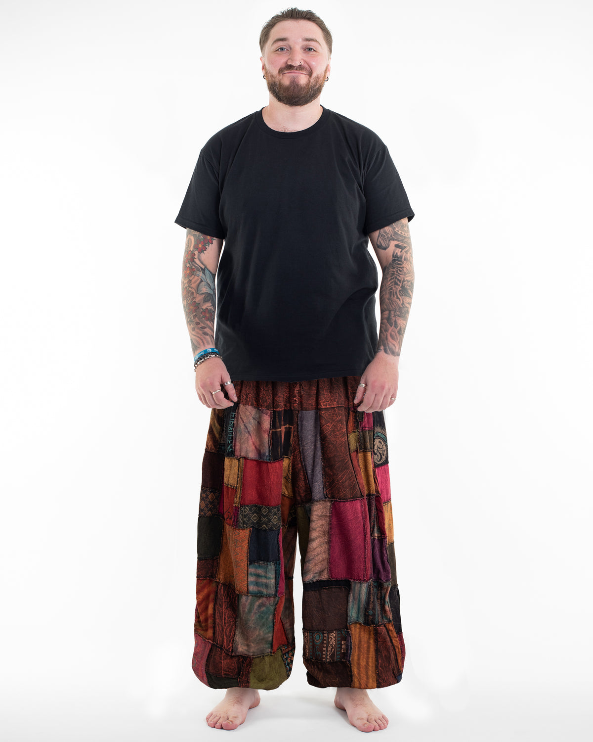 Plus Size Men's Patchwork Stone Washed Balloon Cotton Pants in Brown