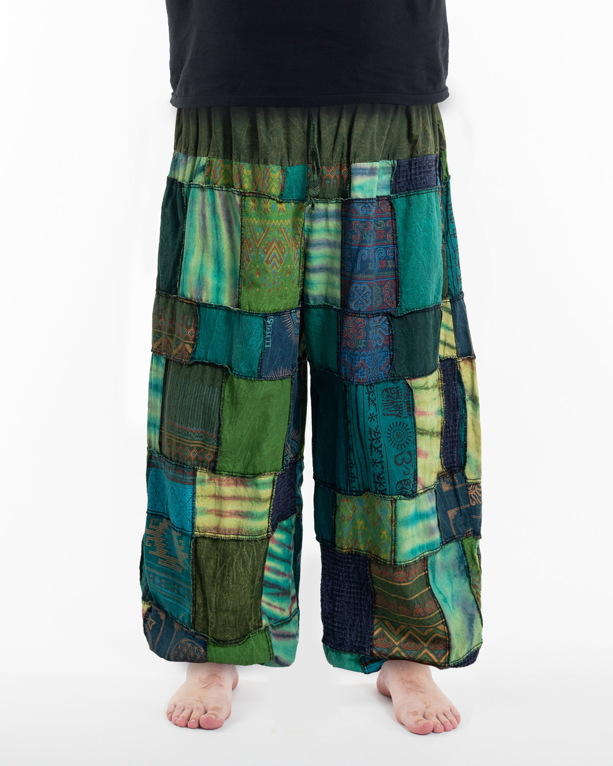 Plus Size Men's Patchwork Stone Washed Balloon Cotton Pants in Green