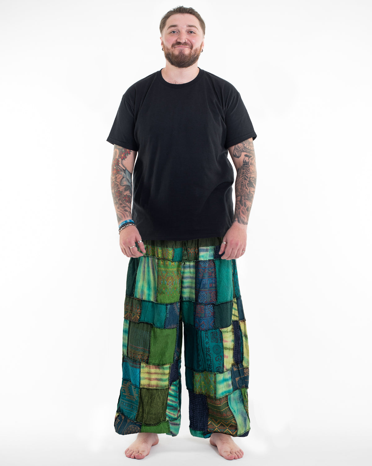 Plus Size Men's Patchwork Stone Washed Balloon Cotton Pants in Green