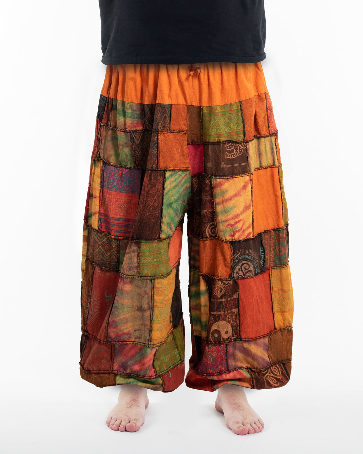 Plus Size Men's Patchwork Stone Washed Balloon Cotton Pants in Orange