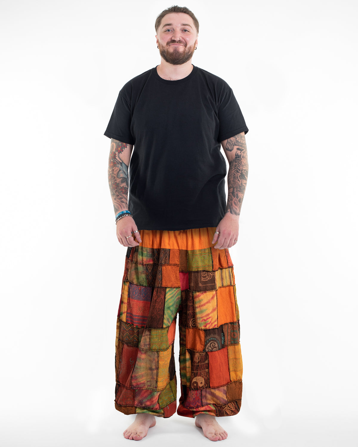 Plus Size Men's Patchwork Stone Washed Balloon Cotton Pants in Orange