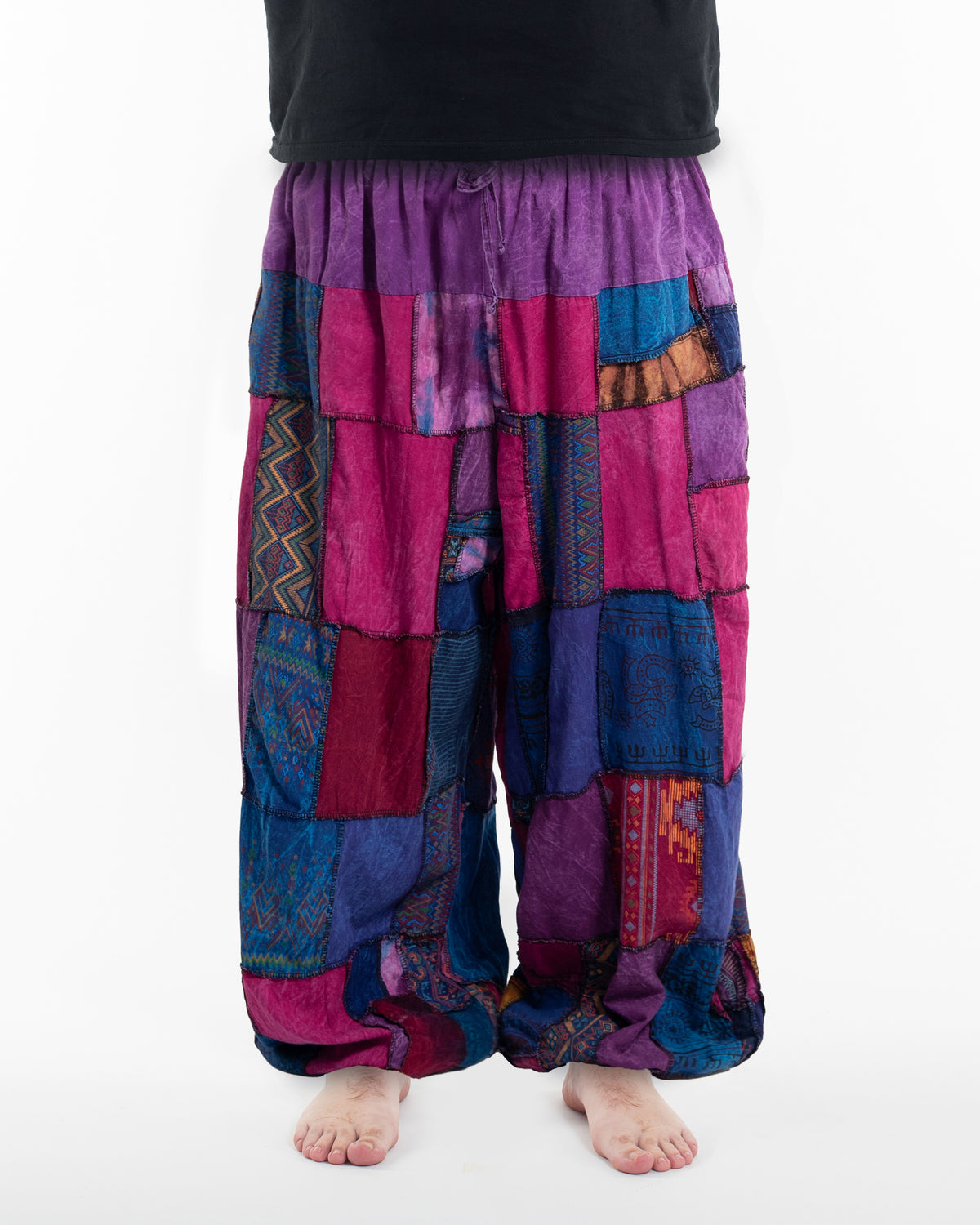 Plus Size Men's Patchwork Stone Washed Balloon Cotton Pants in Purple