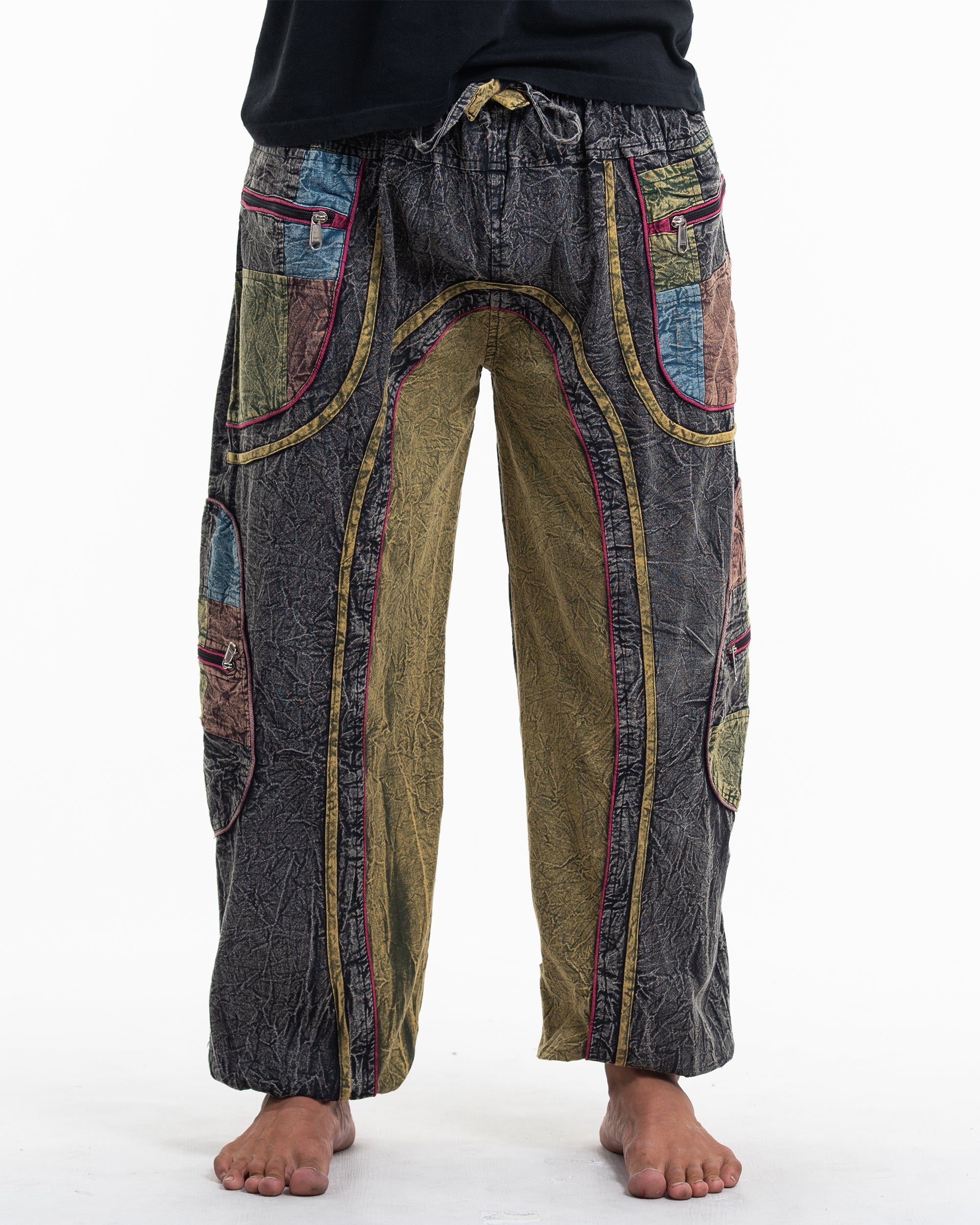 Men's Patchwork Stone Washed Cargo Cotton Pants in Black 01