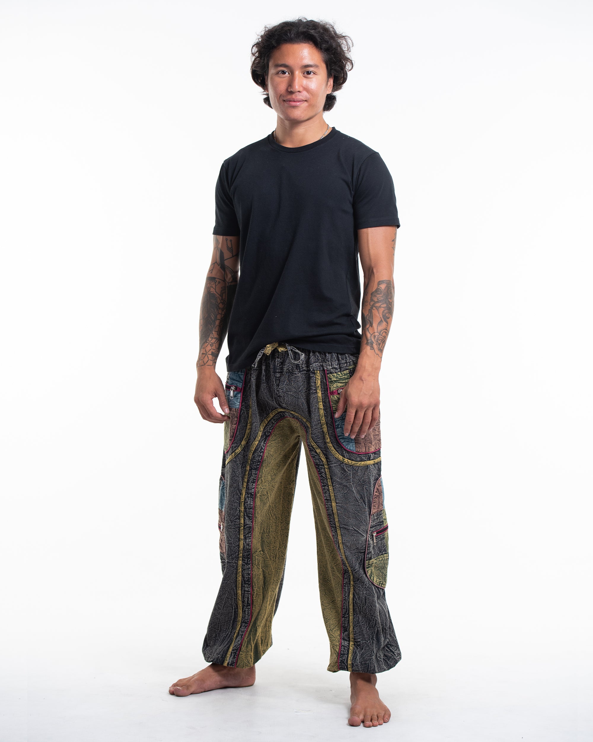 Men's Patchwork Stone Washed Cargo Cotton Pants in Black 01