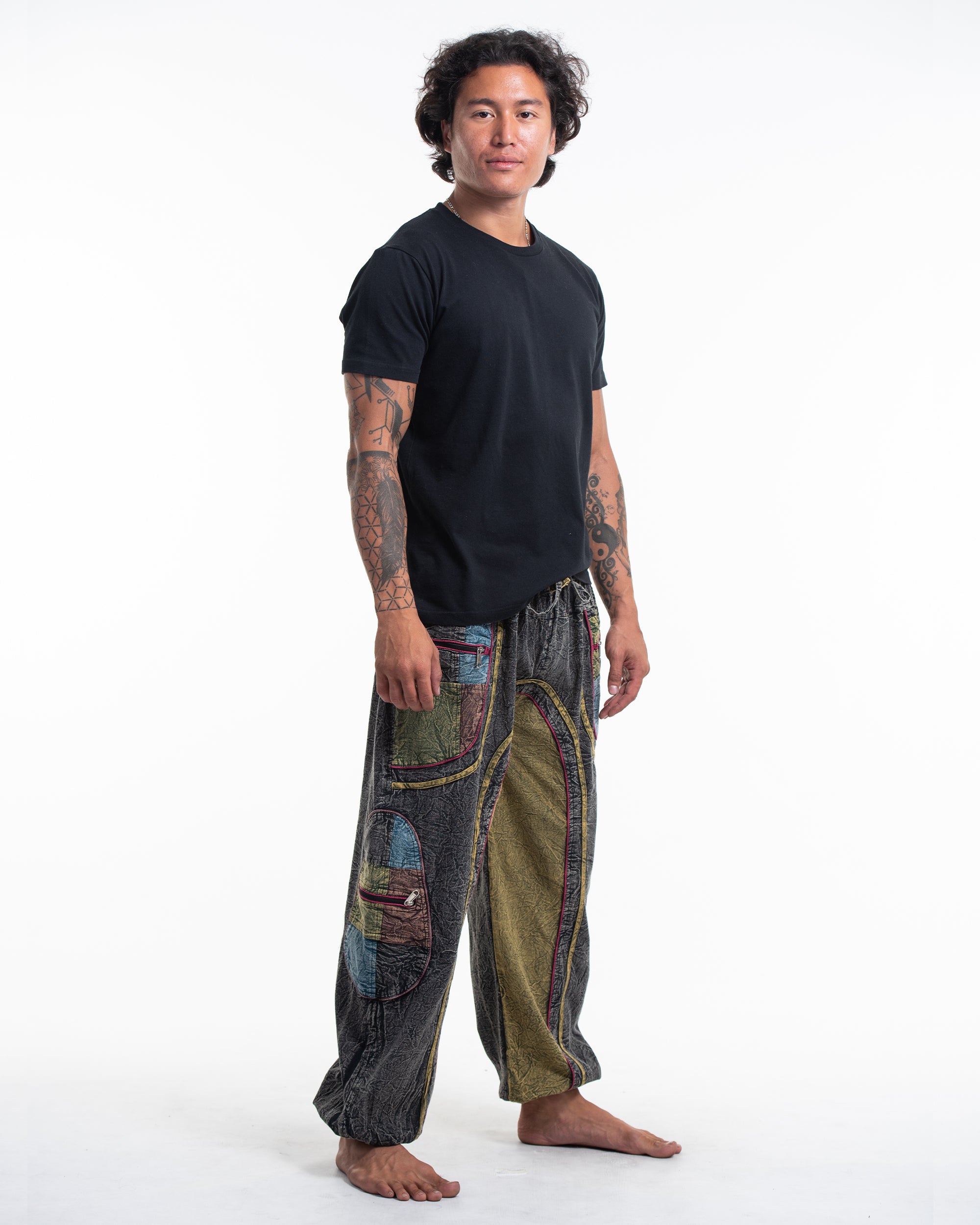 Men's Patchwork Stone Washed Cargo Cotton Pants in Black 01