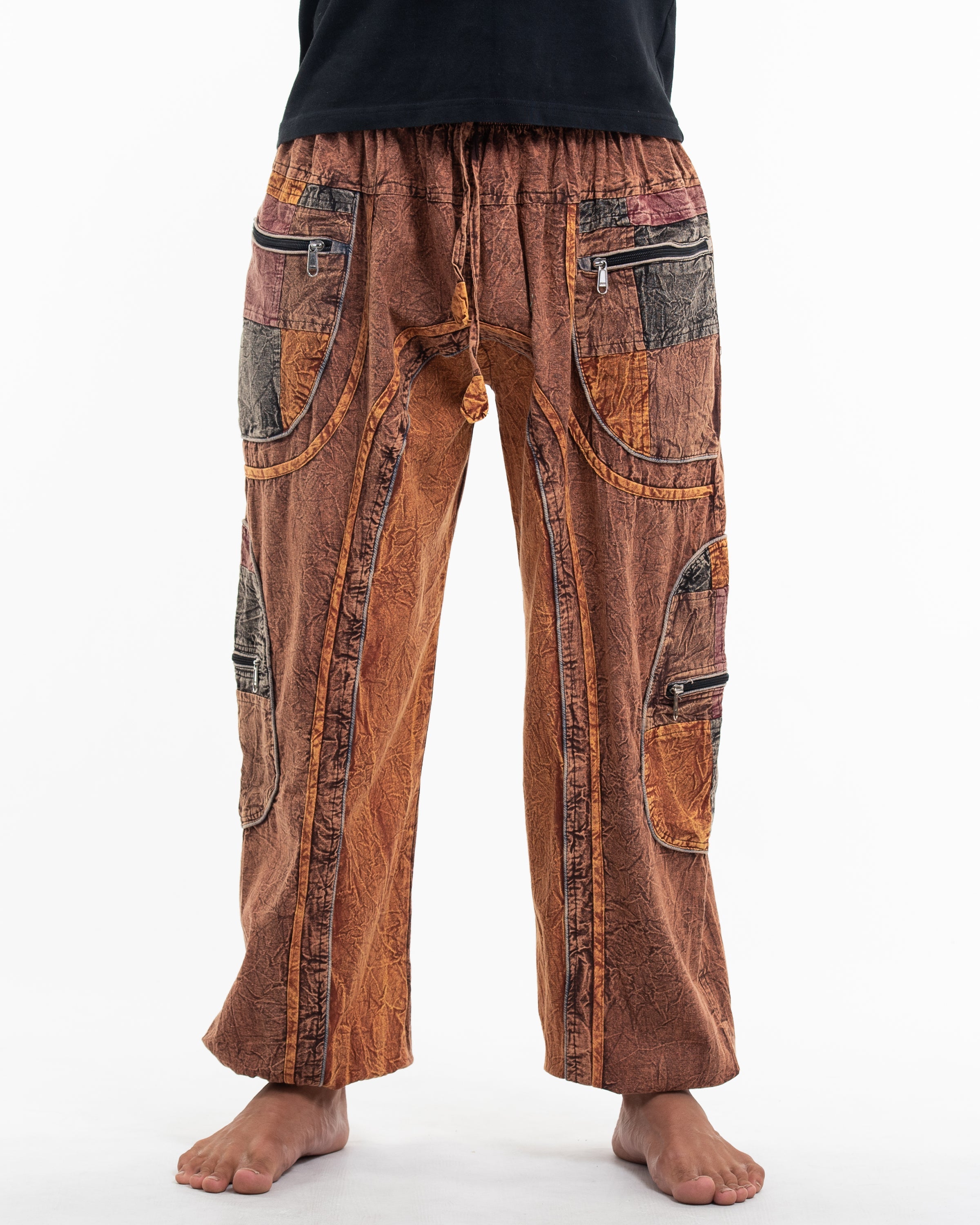 Men's Patchwork Stone Washed Cargo Cotton Pants in Brown 01