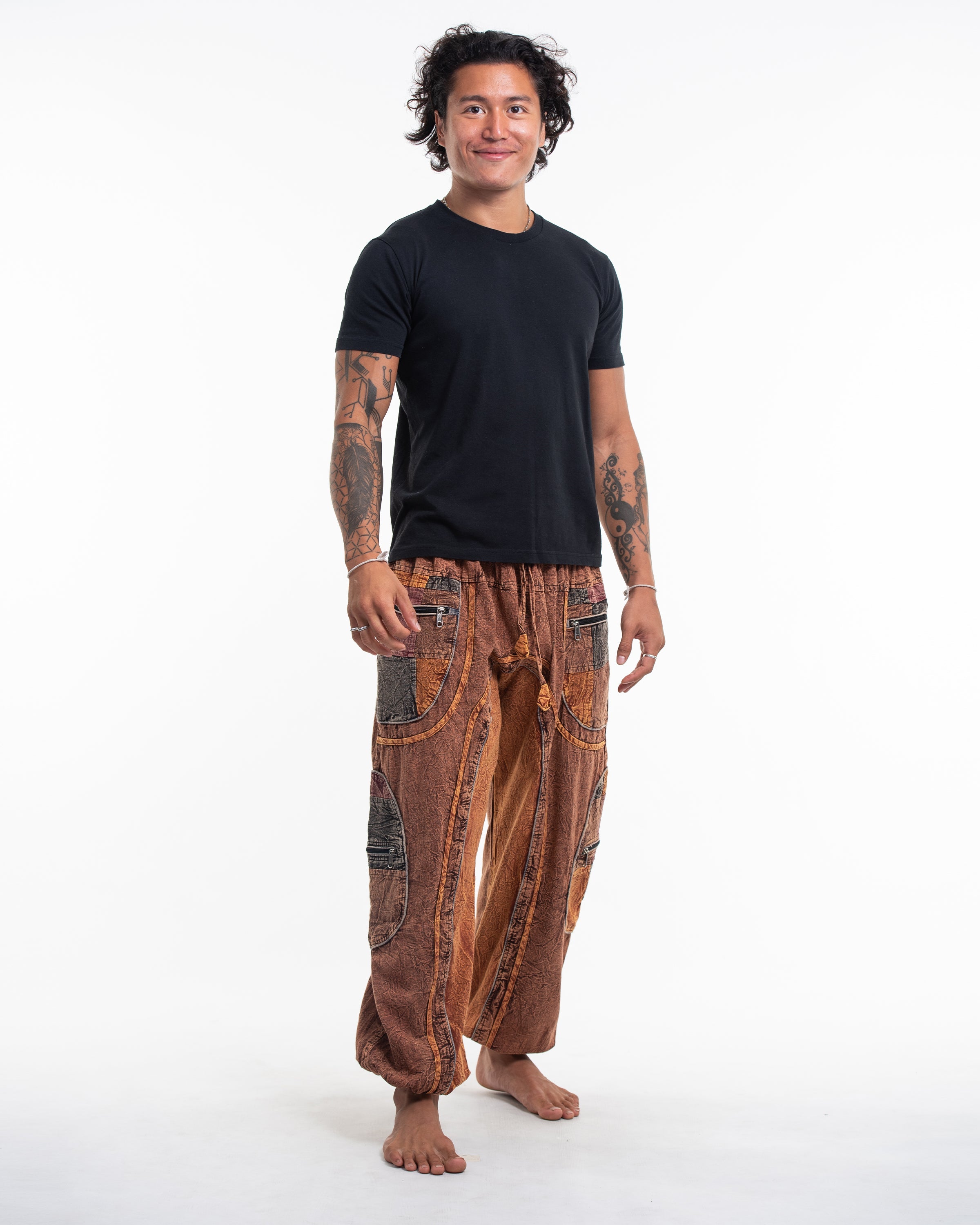 Men's Patchwork Stone Washed Cargo Cotton Pants in Brown 01