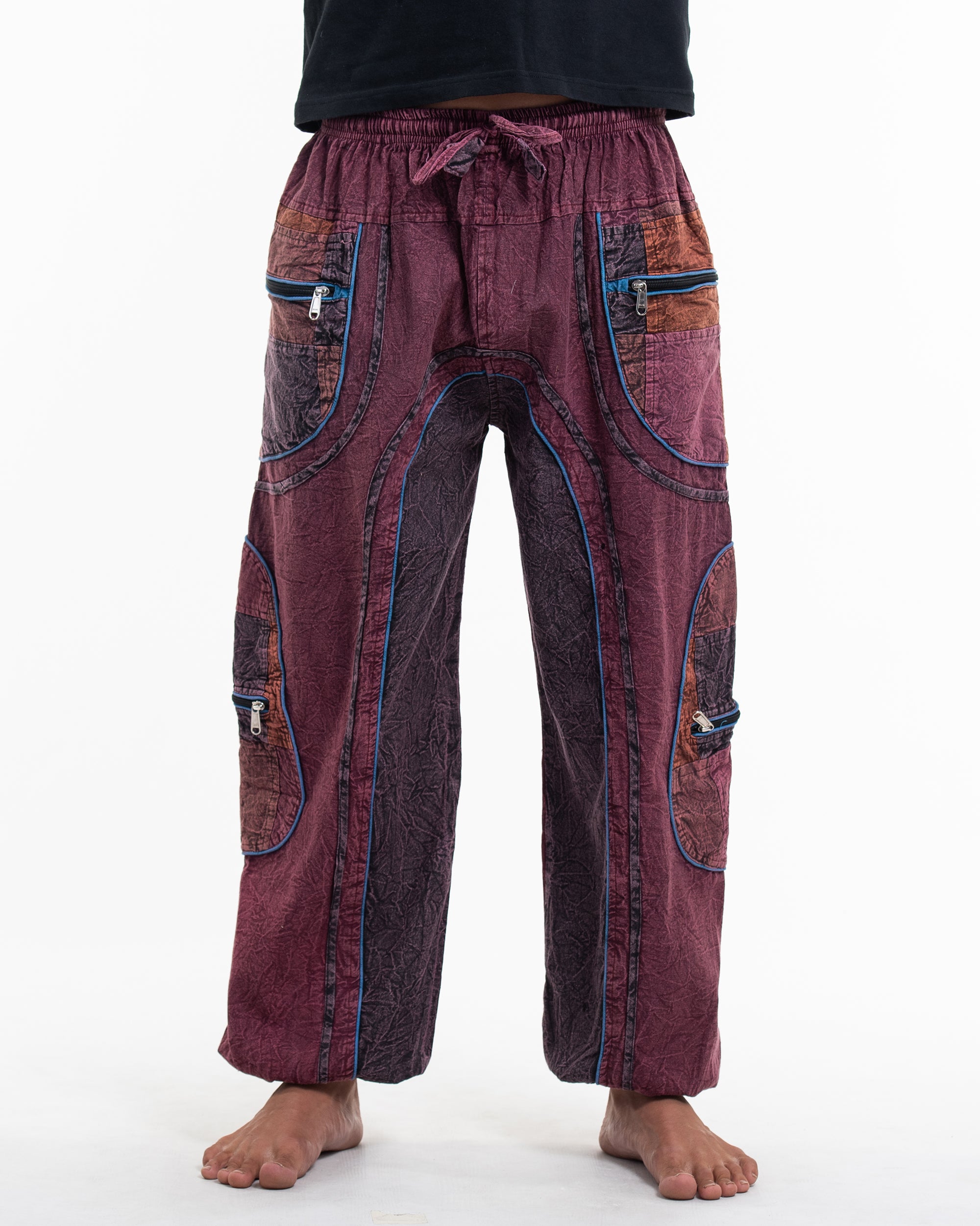 Men's Patchwork Stone Washed Cargo Cotton Pants in Maroon 01