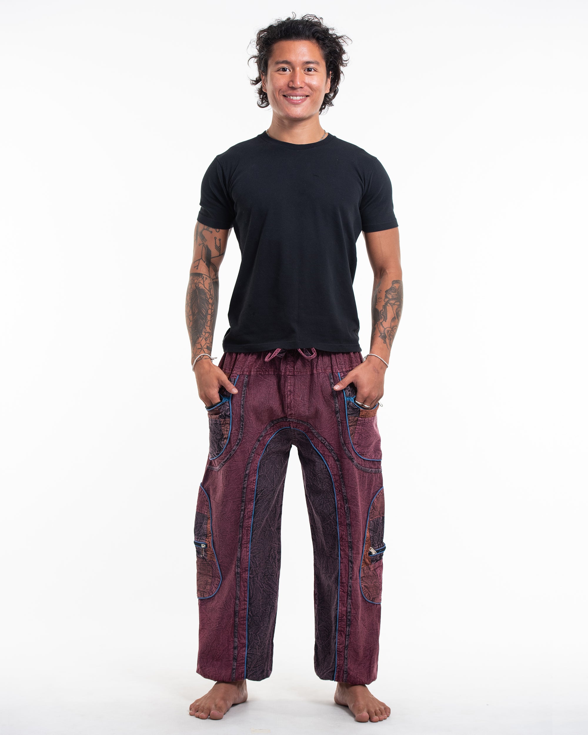 Men's Patchwork Stone Washed Cargo Cotton Pants in Maroon 01