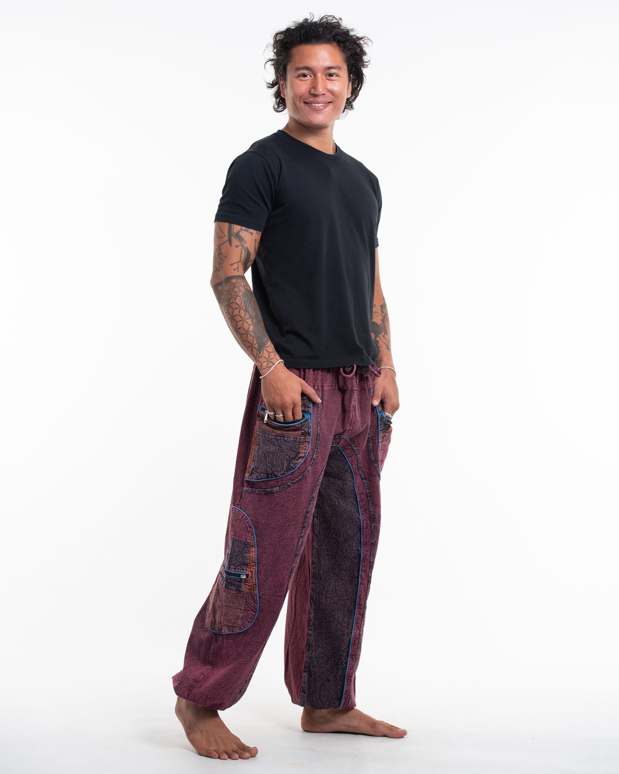 Men's Patchwork Stone Washed Cargo Cotton Pants in Maroon 01