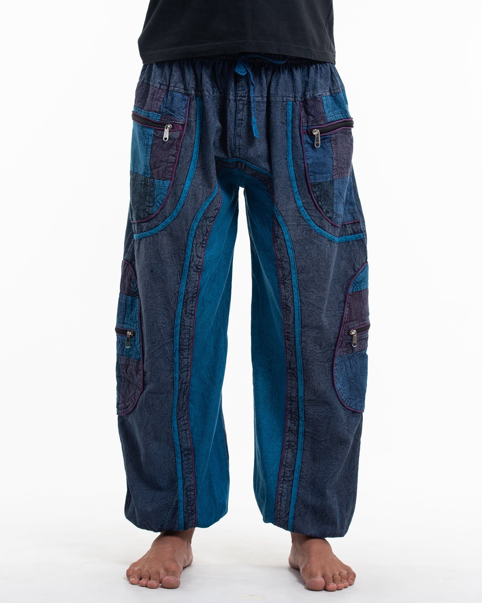 Men's Patchwork Stone Washed Cargo Cotton Pants in Navy 01