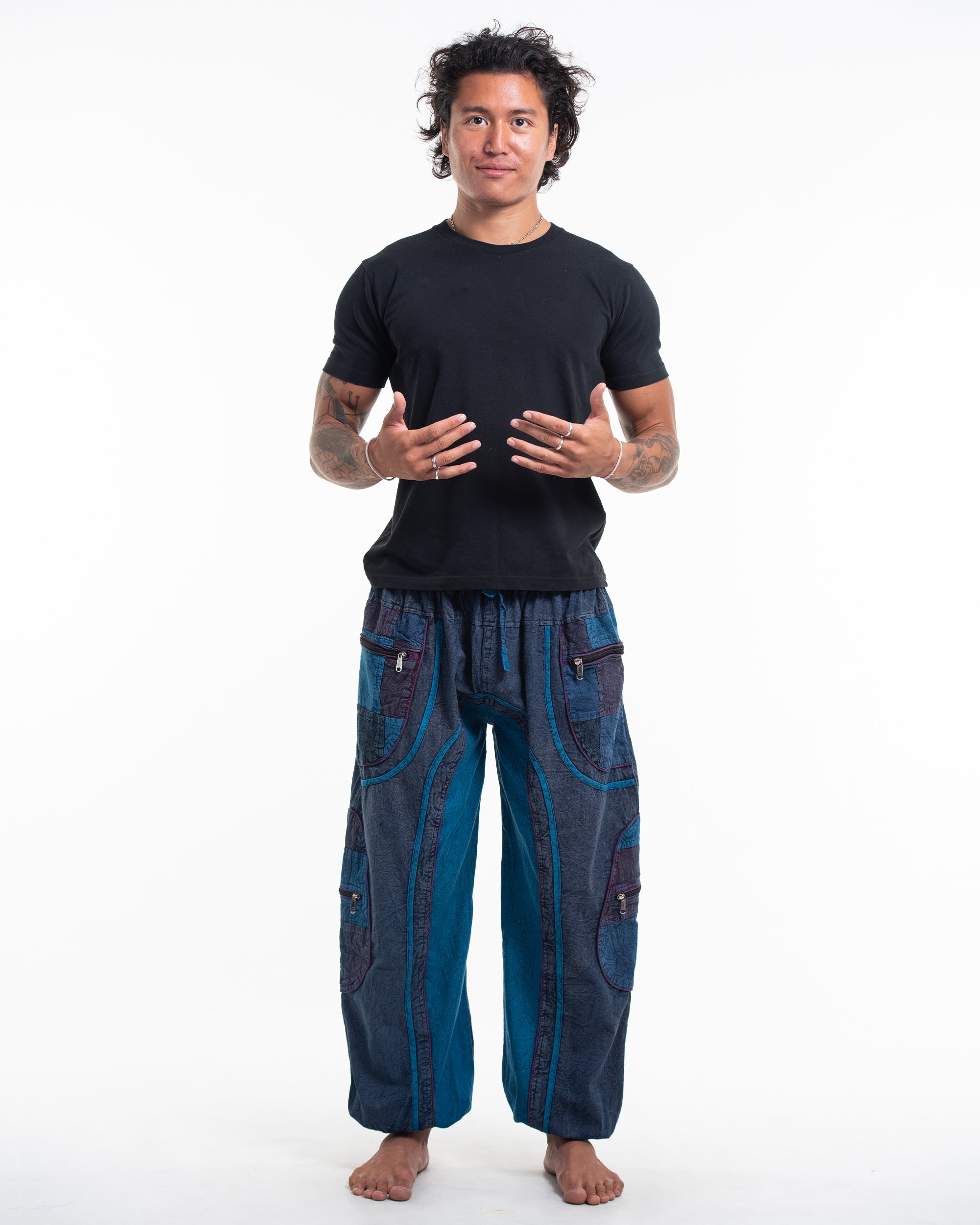 Men's Patchwork Stone Washed Cargo Cotton Pants in Navy 01