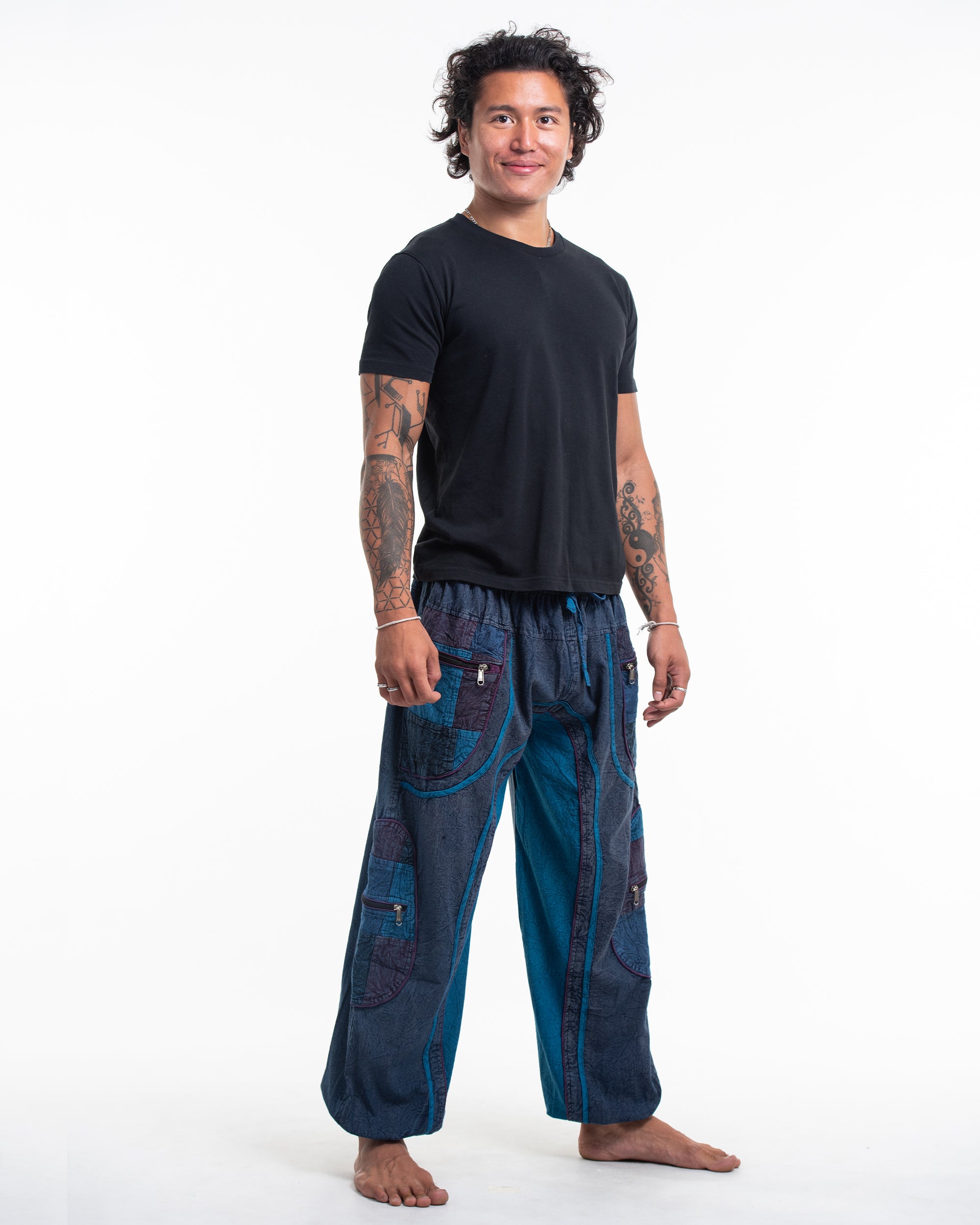 Men's Patchwork Stone Washed Cargo Cotton Pants in Navy 01
