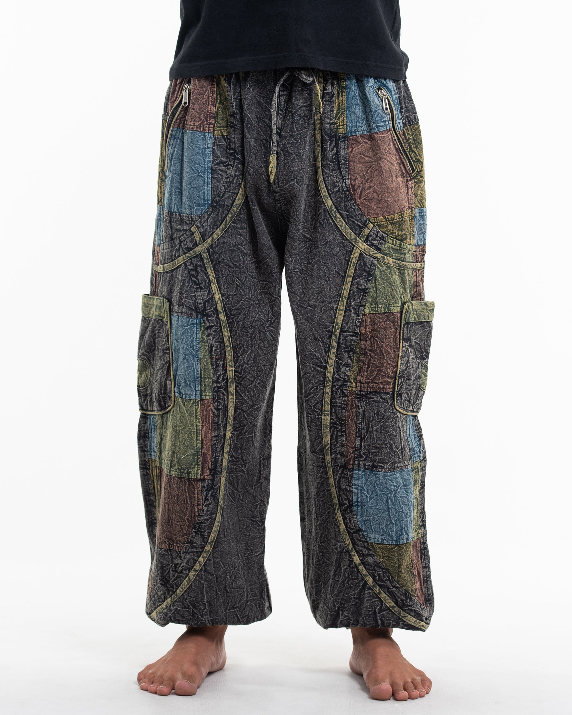 Men's Patchwork Stone Washed Cargo Cotton Pants in Black 02