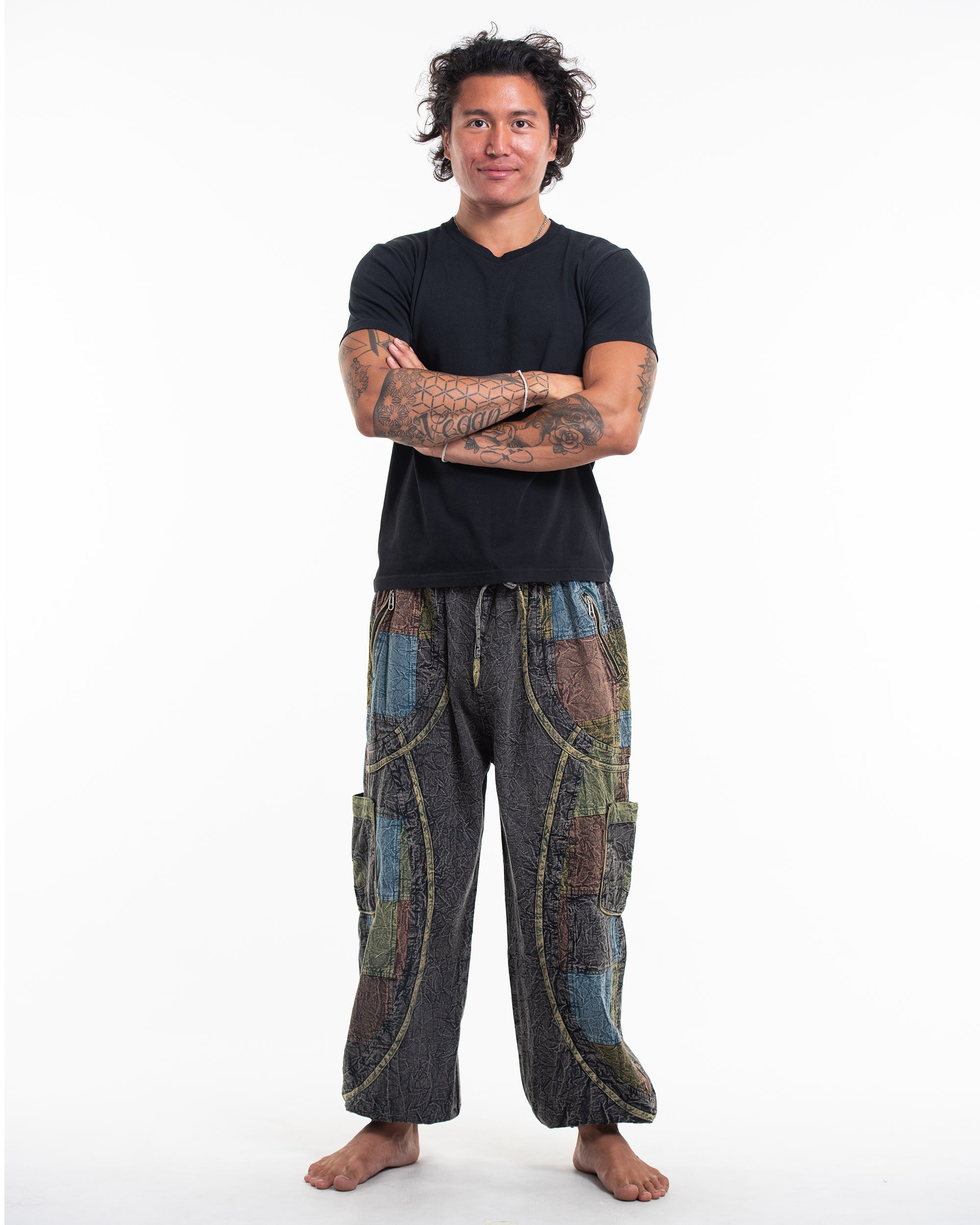 Men's Patchwork Stone Washed Cargo Cotton Pants in Black 02