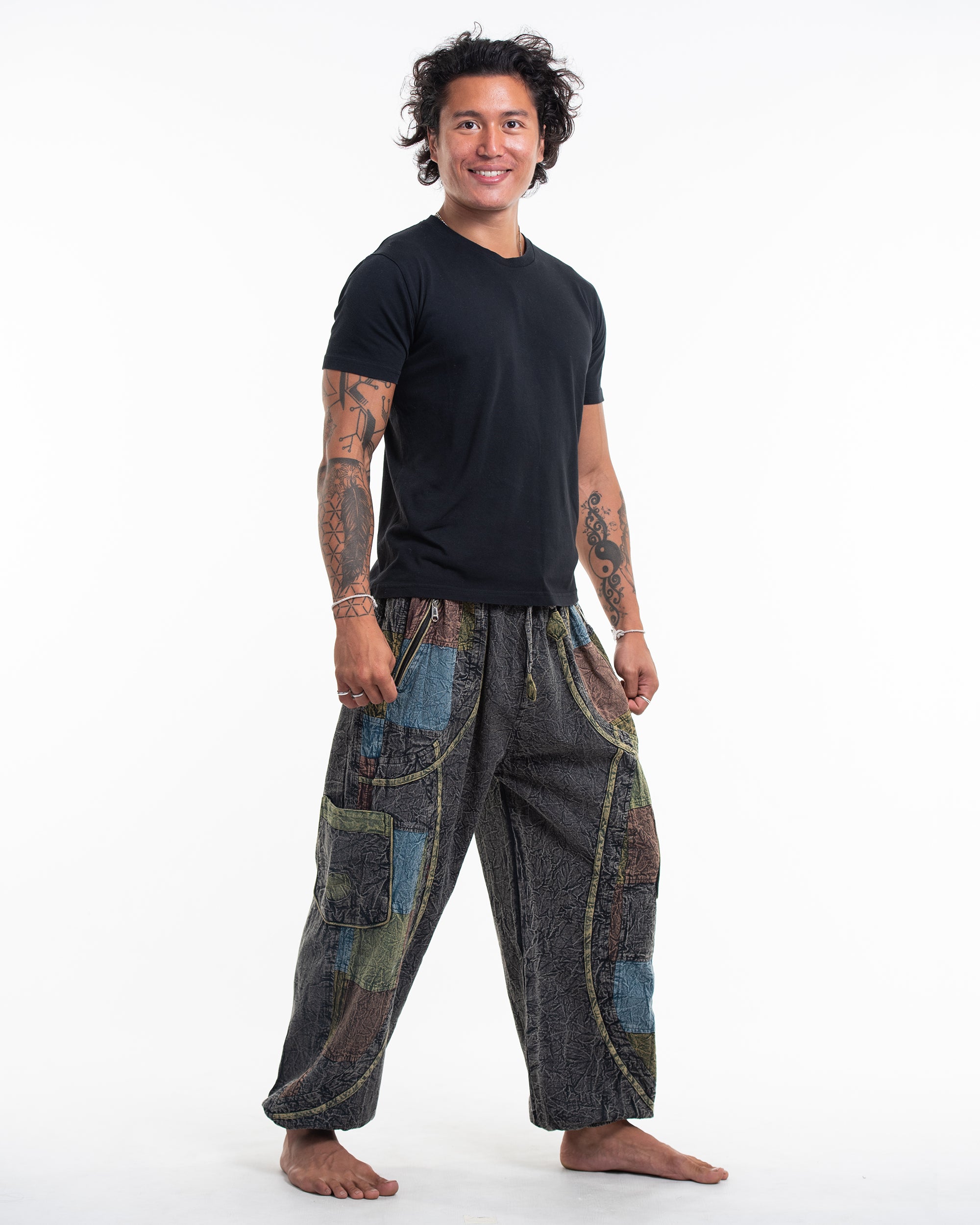 Men's Patchwork Stone Washed Cargo Cotton Pants in Black 02