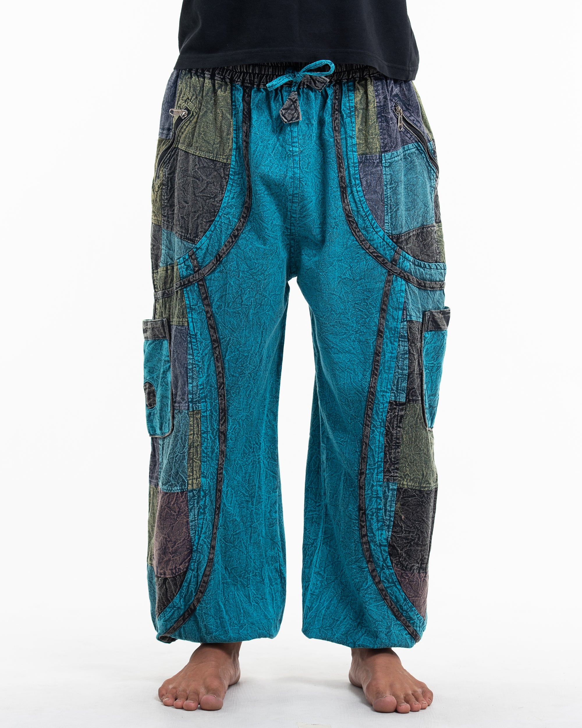 Men's Patchwork Stone Washed Cargo Cotton Pants in Blue 02
