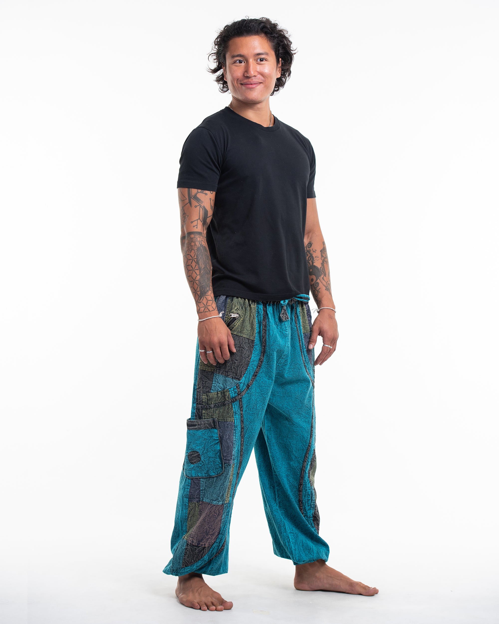 Men's Patchwork Stone Washed Cargo Cotton Pants in Blue 02