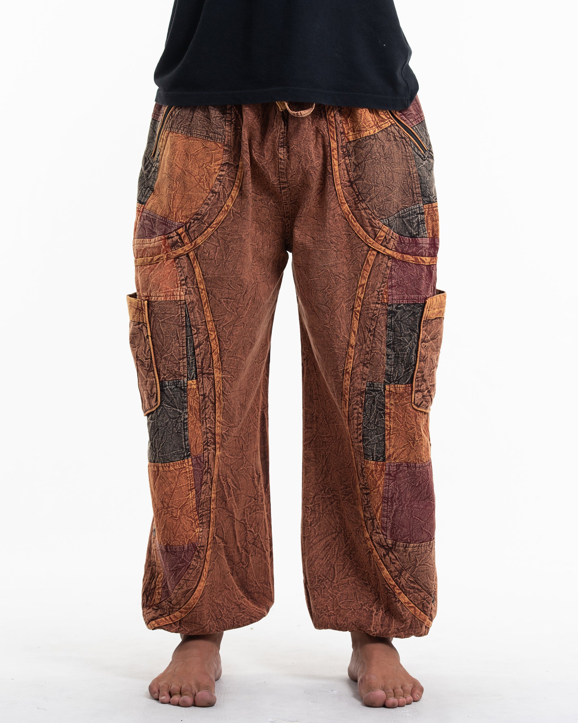 Men's Patchwork Stone Washed Cargo Cotton Pants in Brown 02