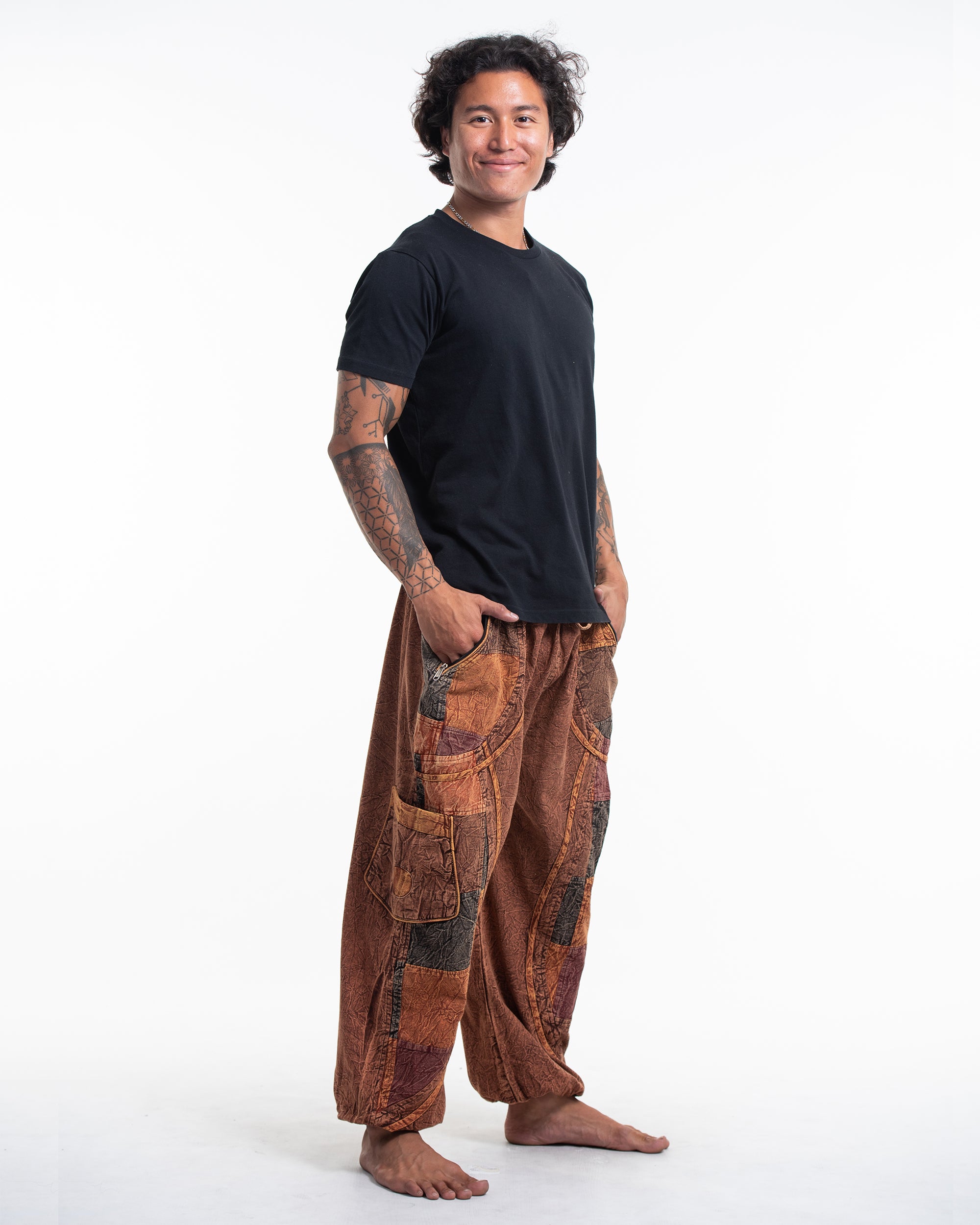 Men's Patchwork Stone Washed Cargo Cotton Pants in Brown 02